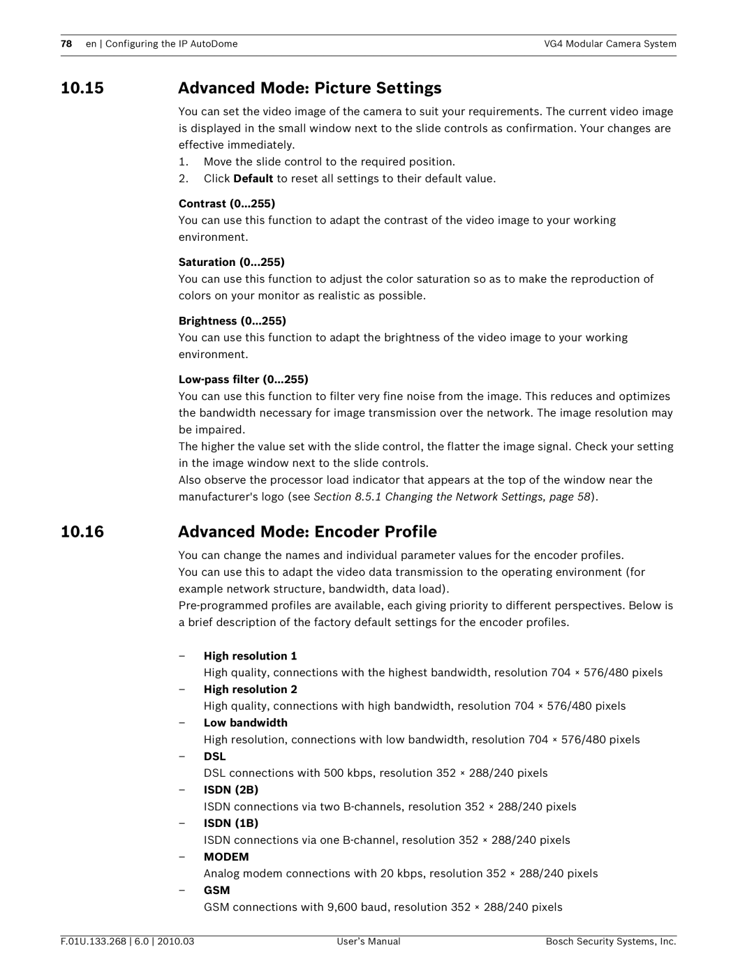 Bosch Appliances VG4-300, VG4-200, VG4-500I Advanced Mode Picture Settings, Advanced Mode Encoder Profile, Isdn 2B, Isdn 1B 