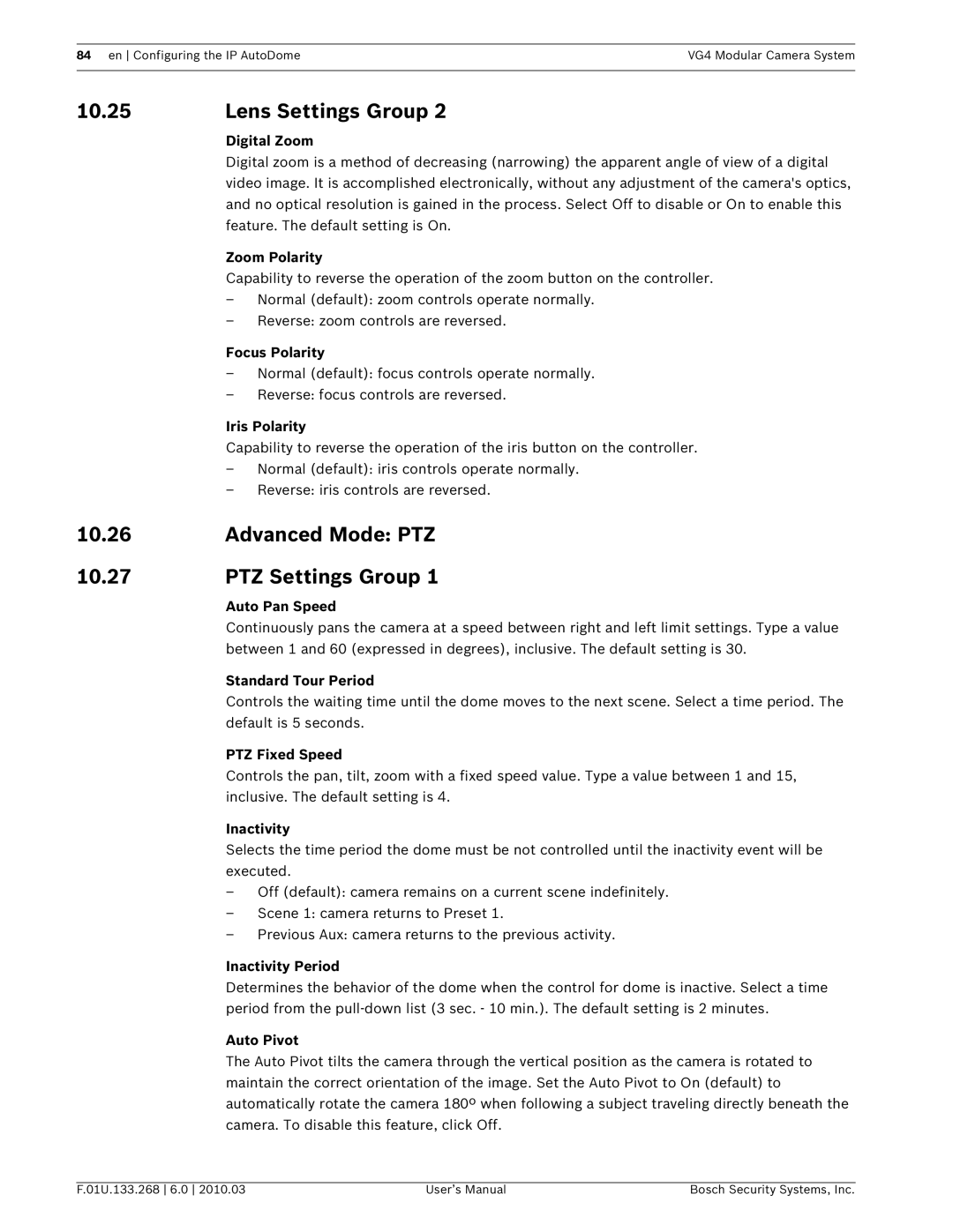 Bosch Appliances VG4-300, VG4-200, VG4-500I user manual Lens Settings Group, Advanced Mode PTZ 10.27 PTZ Settings Group 