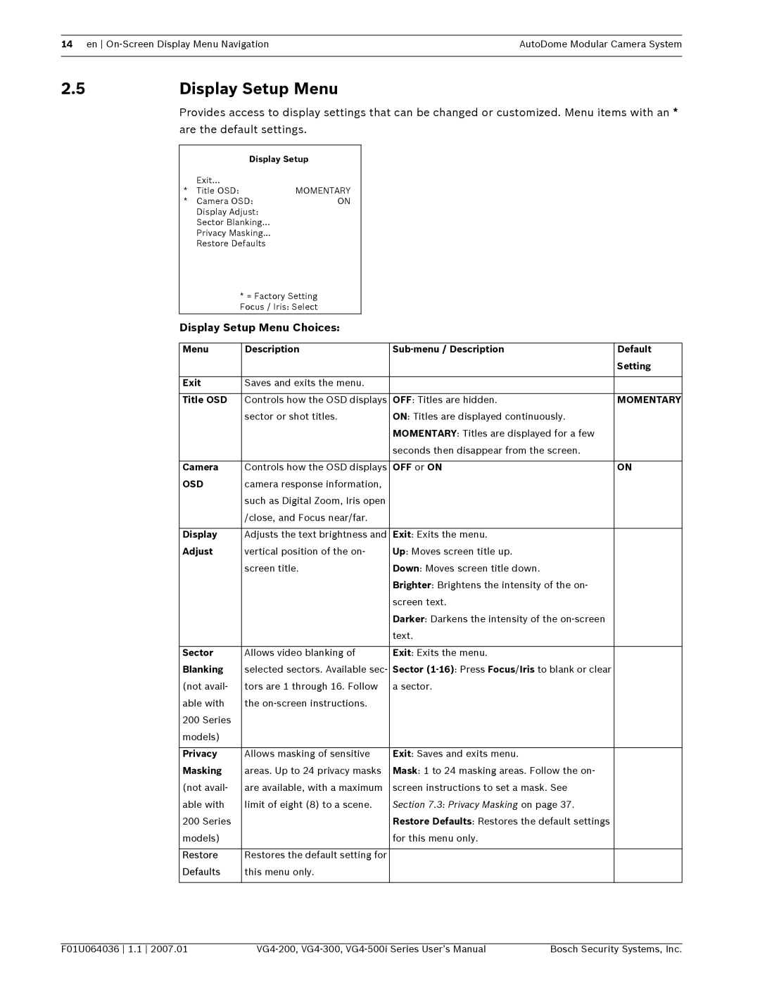 Bosch Appliances VG4-200, VG4-300, VG4-500I user manual Display Setup Menu Choices, Momentary, Osd 