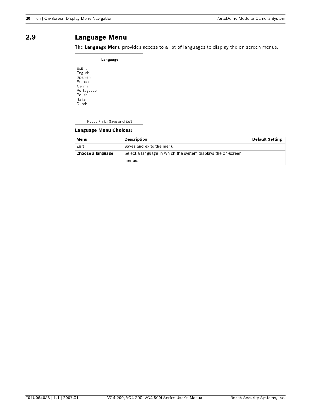 Bosch Appliances VG4-200, VG4-300 Language Menu Choices, Menu Description Default Setting Exit, Choose a language 