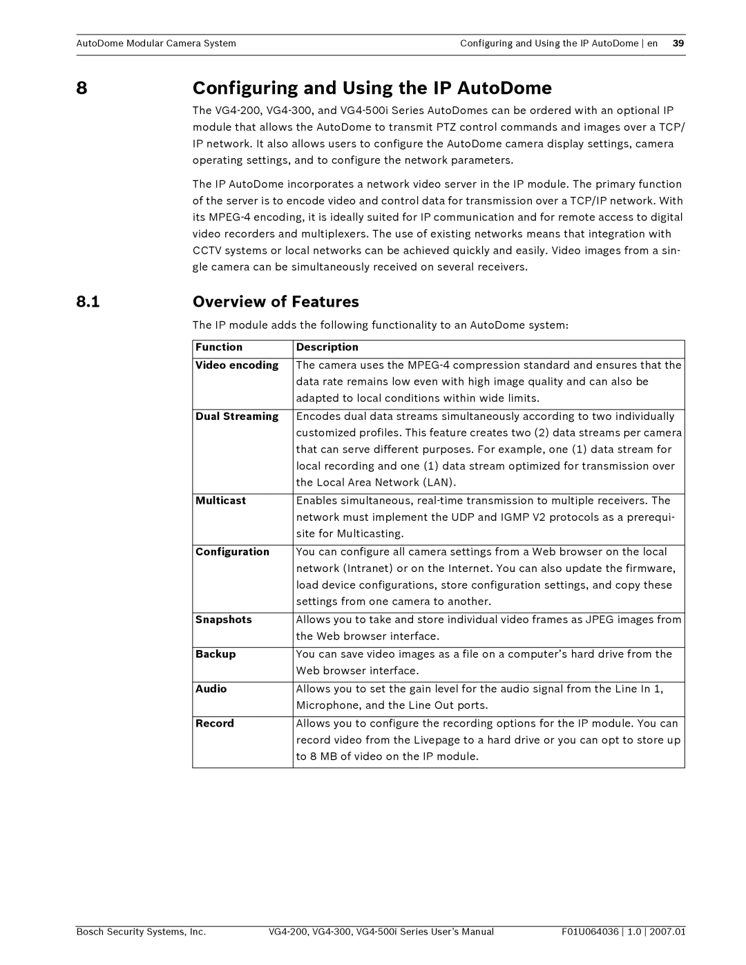 Bosch Appliances VG4-300, VG4-200, VG4-500I user manual Configuring and Using the IP AutoDome, Overview of Features 