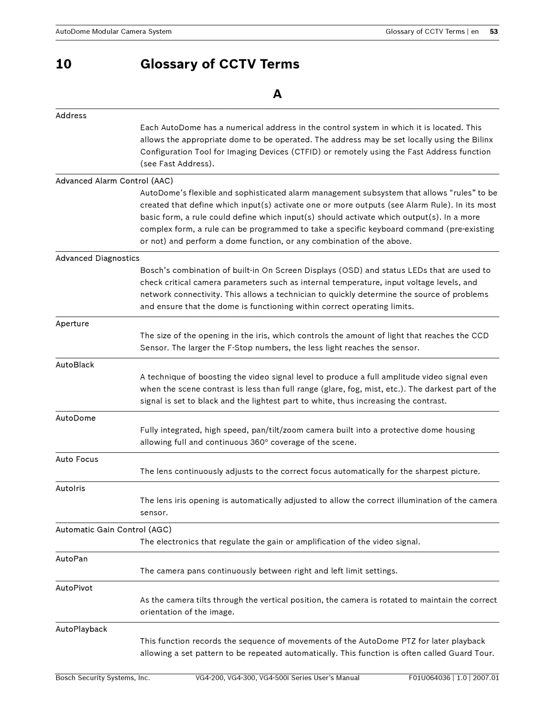 Bosch Appliances VG4-200, VG4-300, VG4-500I user manual Glossary of Cctv Terms 