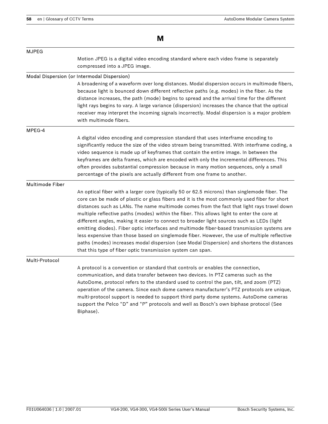 Bosch Appliances VG4-500I, VG4-200, VG4-300 Modal Dispersion or Intermodal Dispersion, Multimode Fiber, Multi-Protocol 