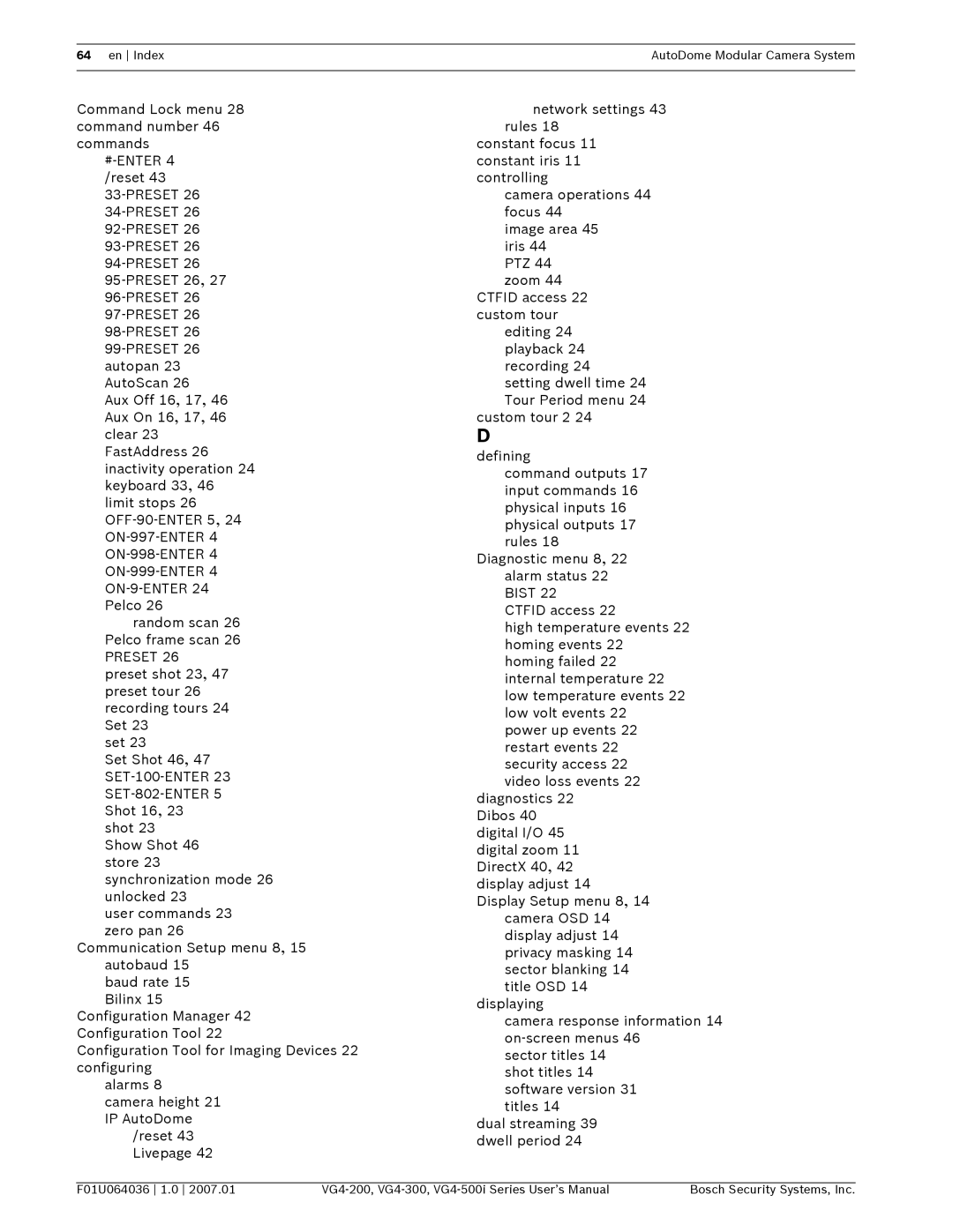 Bosch Appliances VG4-500I, VG4-200, VG4-300 user manual En Index AutoDome Modular Camera System 