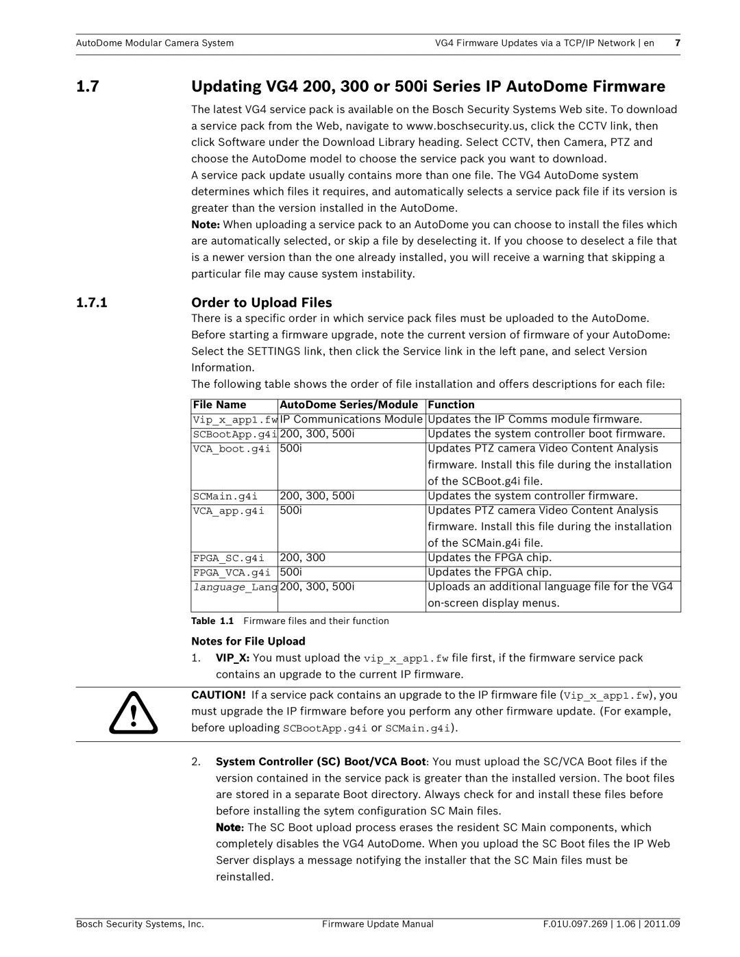 Bosch Appliances manual Updating VG4 200, 300 or 500i Series IP AutoDome Firmware, Order to Upload Files 