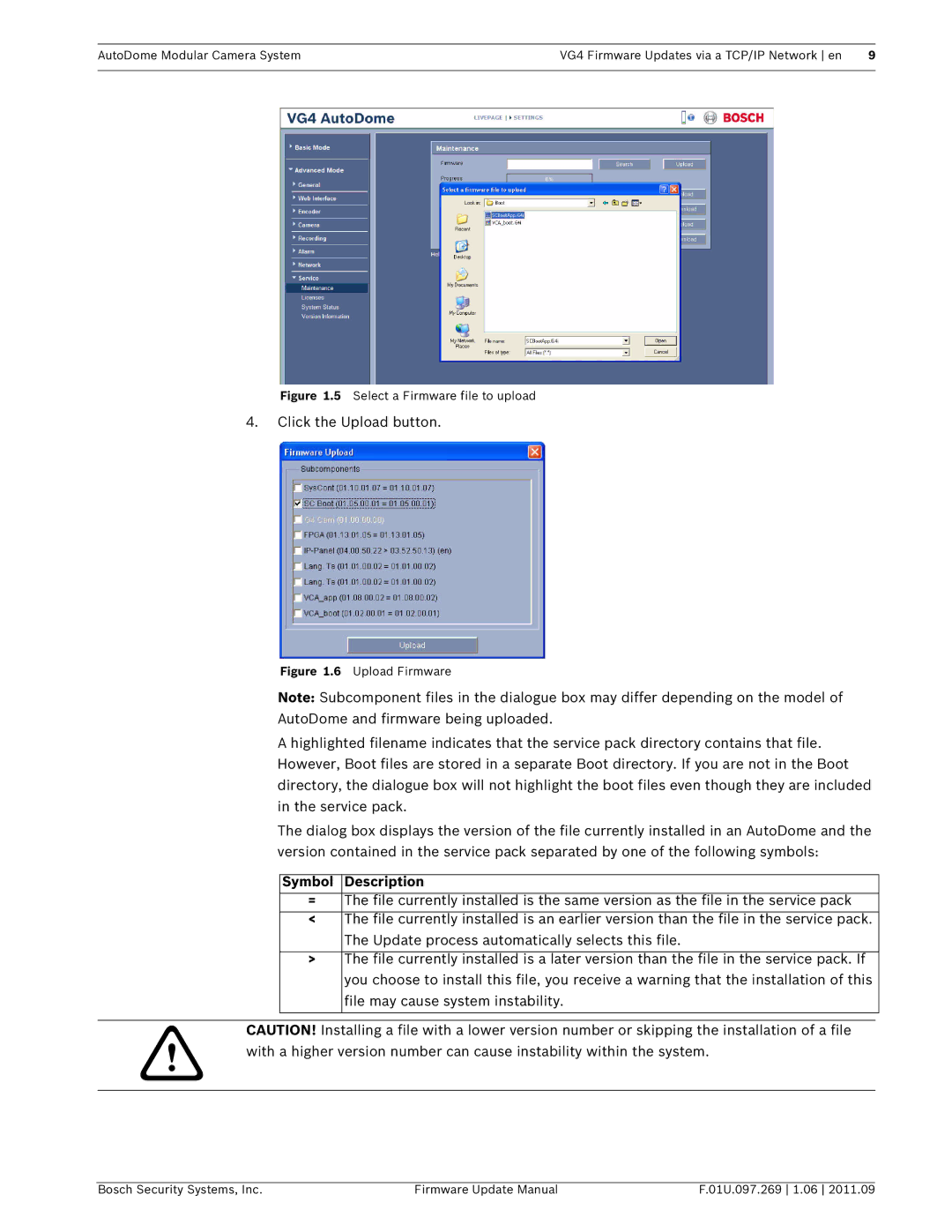 Bosch Appliances VG4 manual Symbol Description, Select a Firmware file to upload 