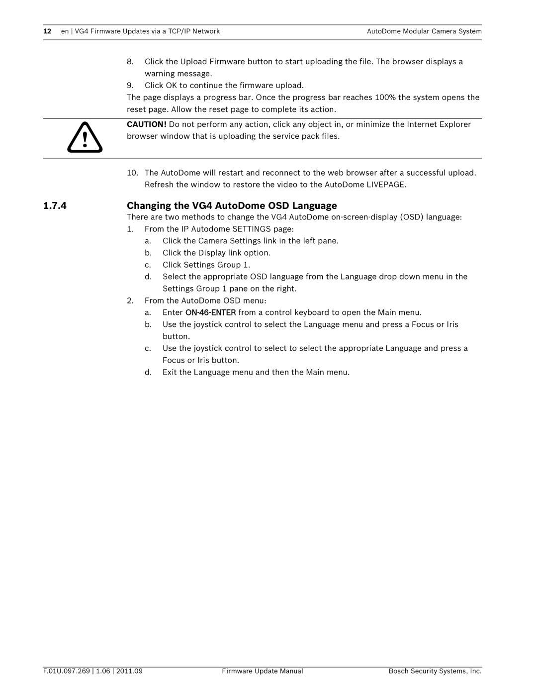 Bosch Appliances manual Changing the VG4 AutoDome OSD Language, Exit the Language menu and then the Main menu 