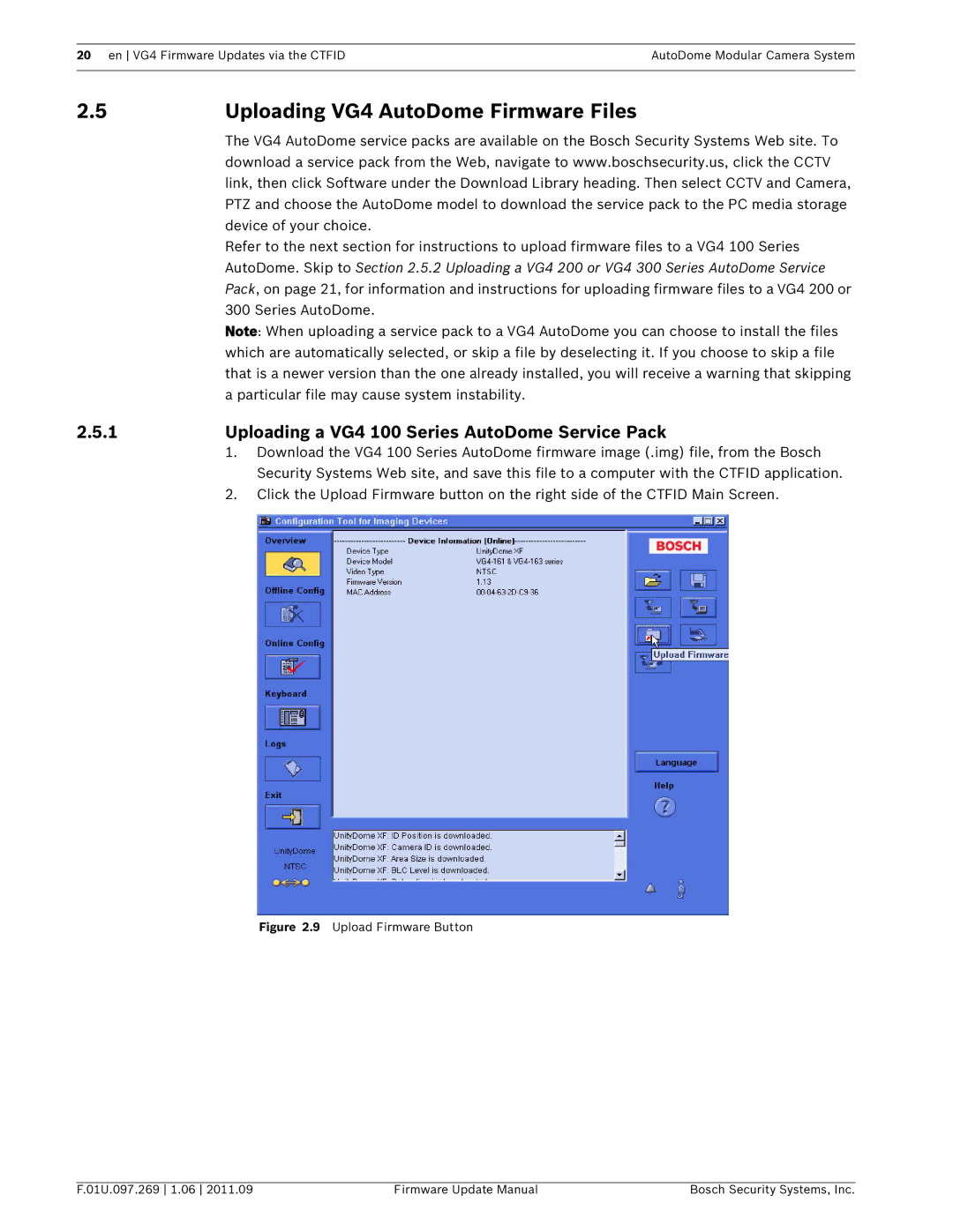 Bosch Appliances manual Uploading VG4 AutoDome Firmware Files, Uploading a VG4 100 Series AutoDome Service Pack 