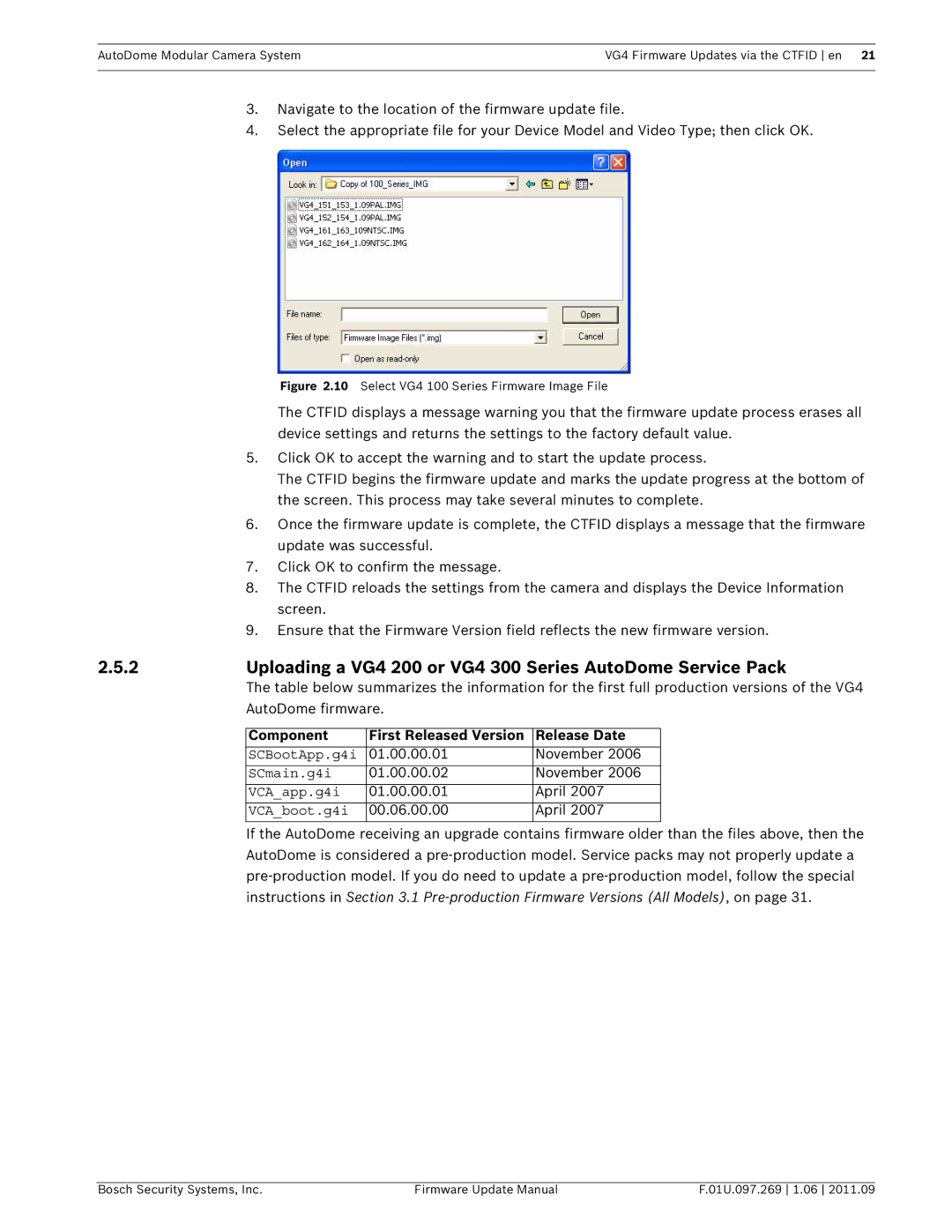 Bosch Appliances Uploading a VG4 200 or VG4 300 Series AutoDome Service Pack, Select VG4 100 Series Firmware Image File 