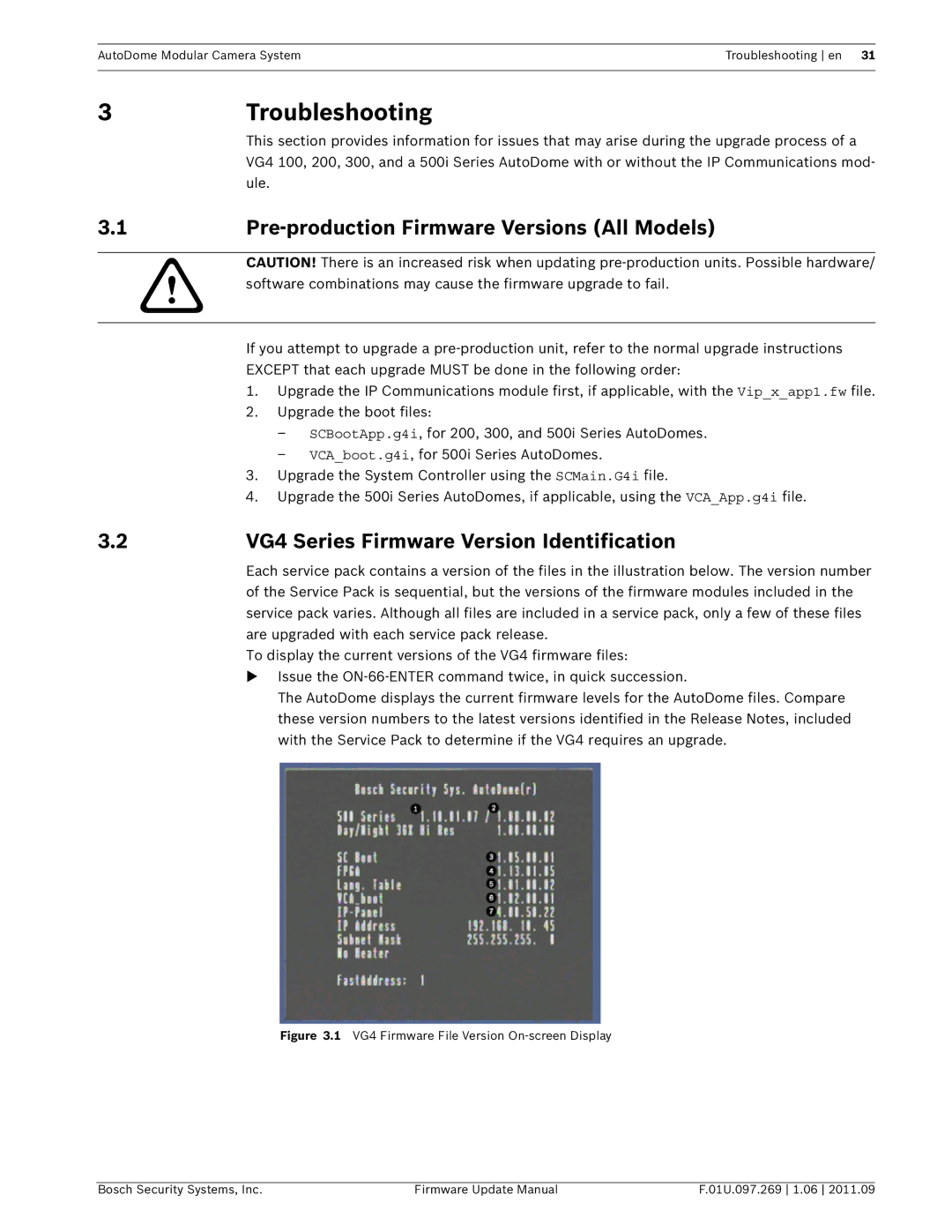 Bosch Appliances manual Pre-production Firmware Versions All Models, VG4 Series Firmware Version Identification 