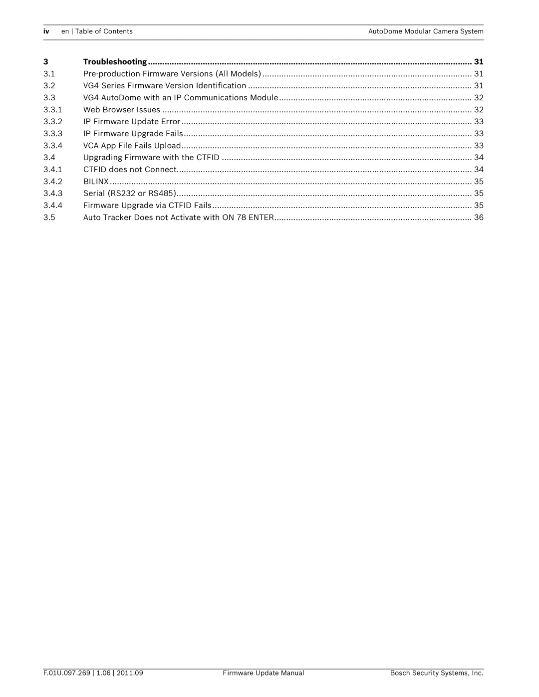 Bosch Appliances VG4 manual Iv en Table of Contents AutoDome Modular Camera System 