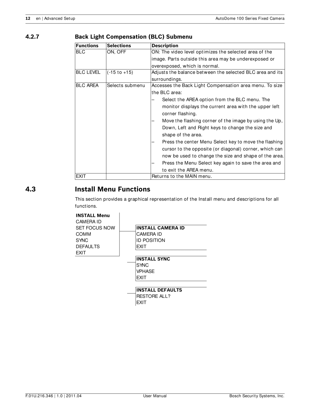 Bosch Appliances VG5 100 Install Menu Functions, Back Light Compensation BLC Submenu, Functions Selections Description 