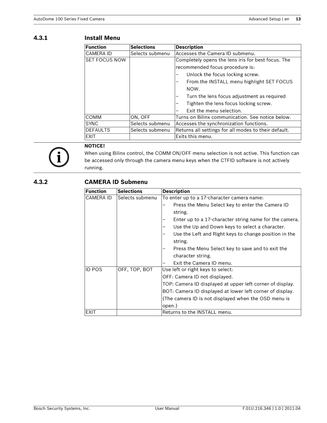 Bosch Appliances VG5 100 user manual Install Menu, Camera ID Submenu 