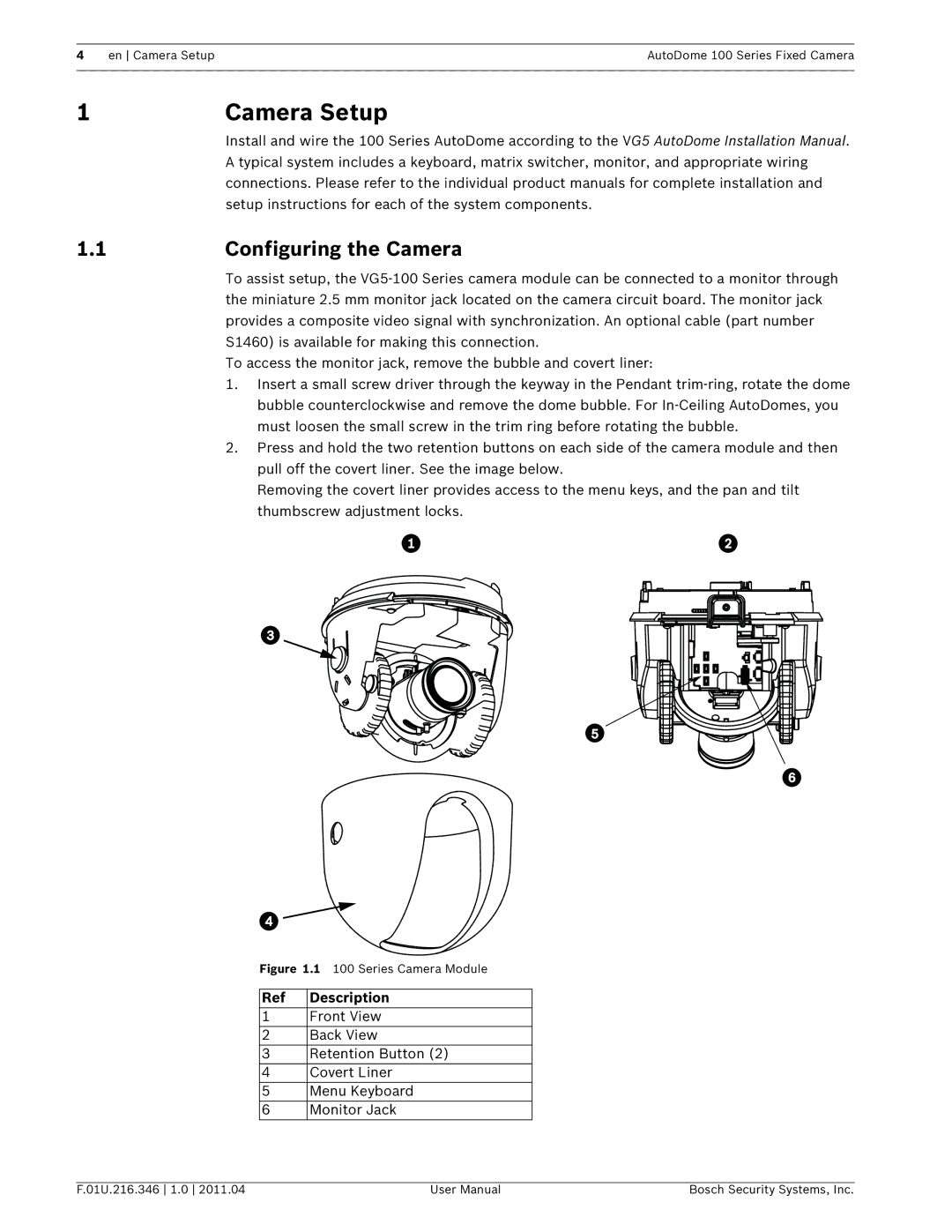 Bosch Appliances VG5 100 user manual Camera Setup, Configuring the Camera, Description 