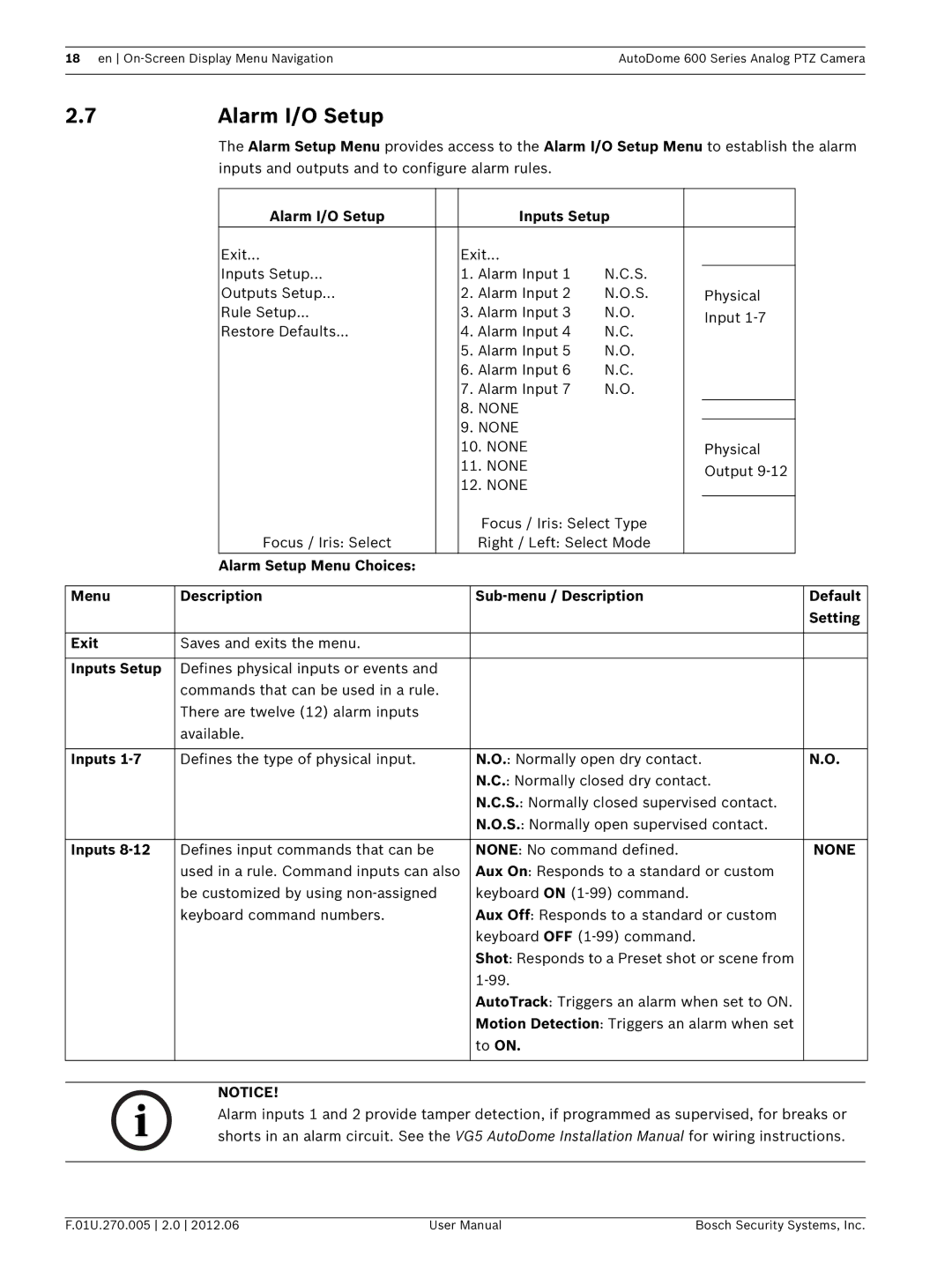 Bosch Appliances VG5 600 user manual Alarm I/O Setup Inputs Setup, None 