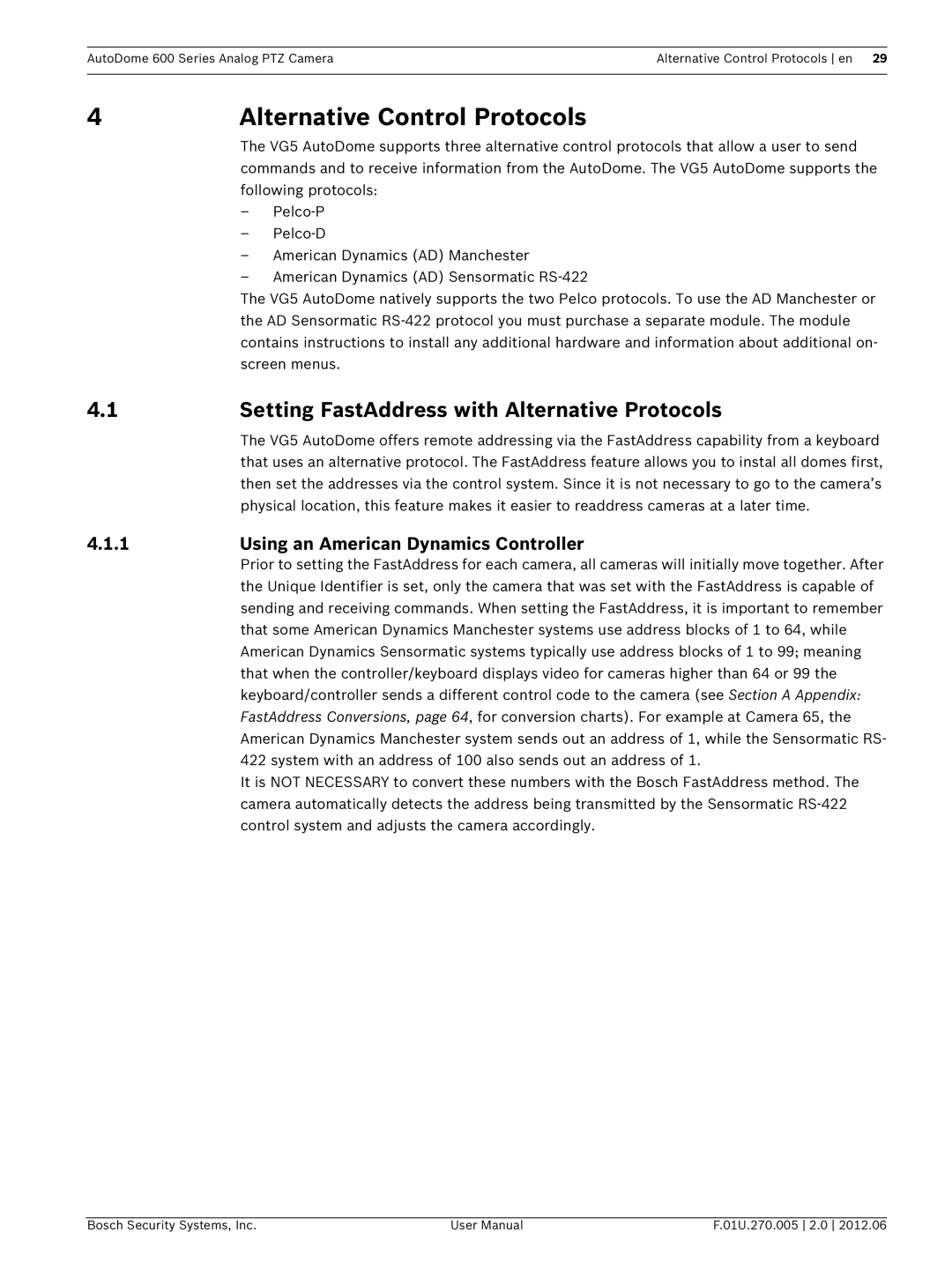 Bosch Appliances VG5 600 user manual Alternative Control Protocols, Setting FastAddress with Alternative Protocols 