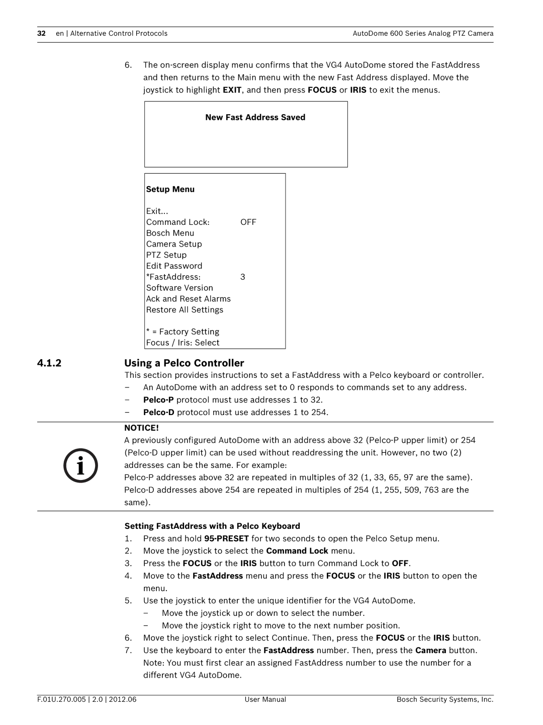 Bosch Appliances VG5 600 user manual 2Using a Pelco Controller, New Fast Address Saved Setup Menu 