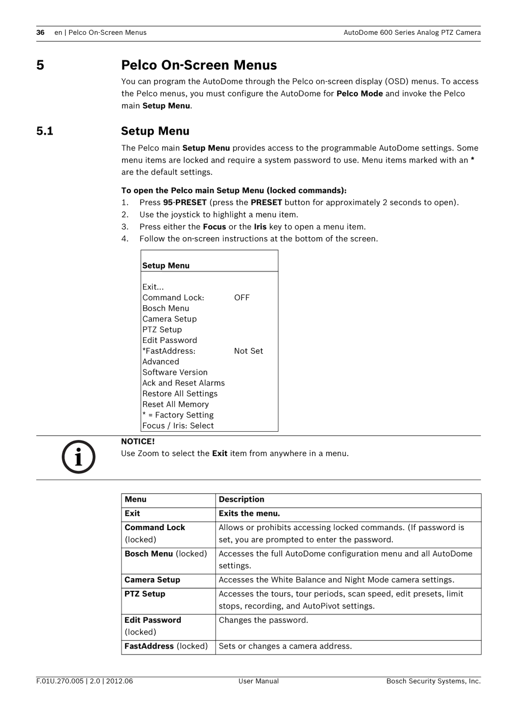 Bosch Appliances VG5 600 user manual Pelco On-Screen Menus 