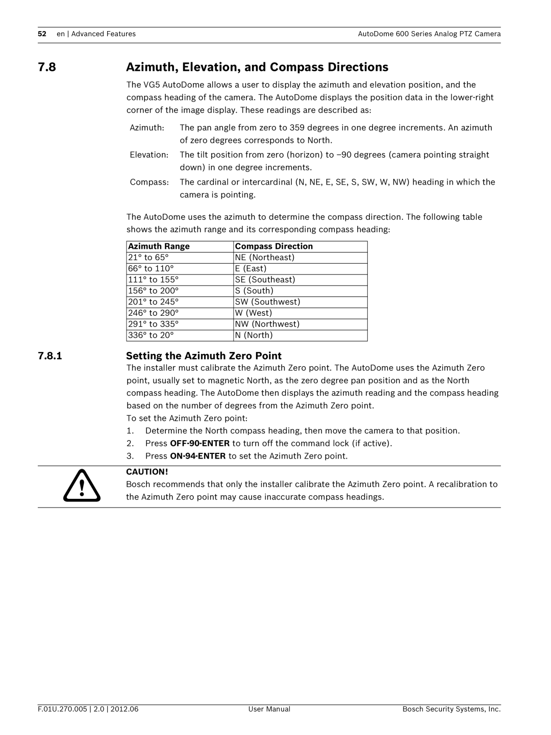 Bosch Appliances VG5 600 user manual 8Azimuth, Elevation, and Compass Directions, Setting the Azimuth Zero Point 