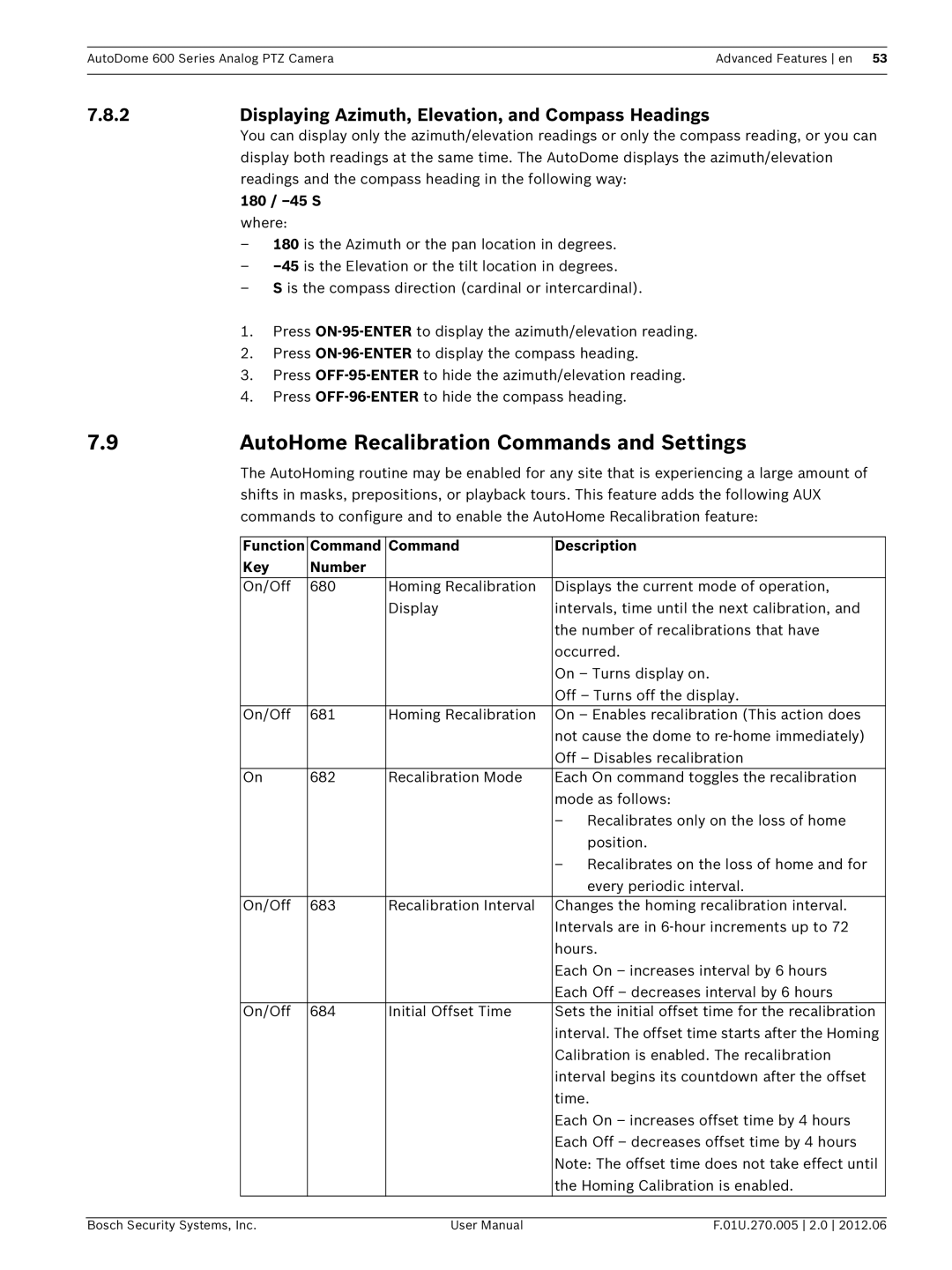 Bosch Appliances VG5 600 AutoHome Recalibration Commands and Settings, Displaying Azimuth, Elevation, and Compass Headings 