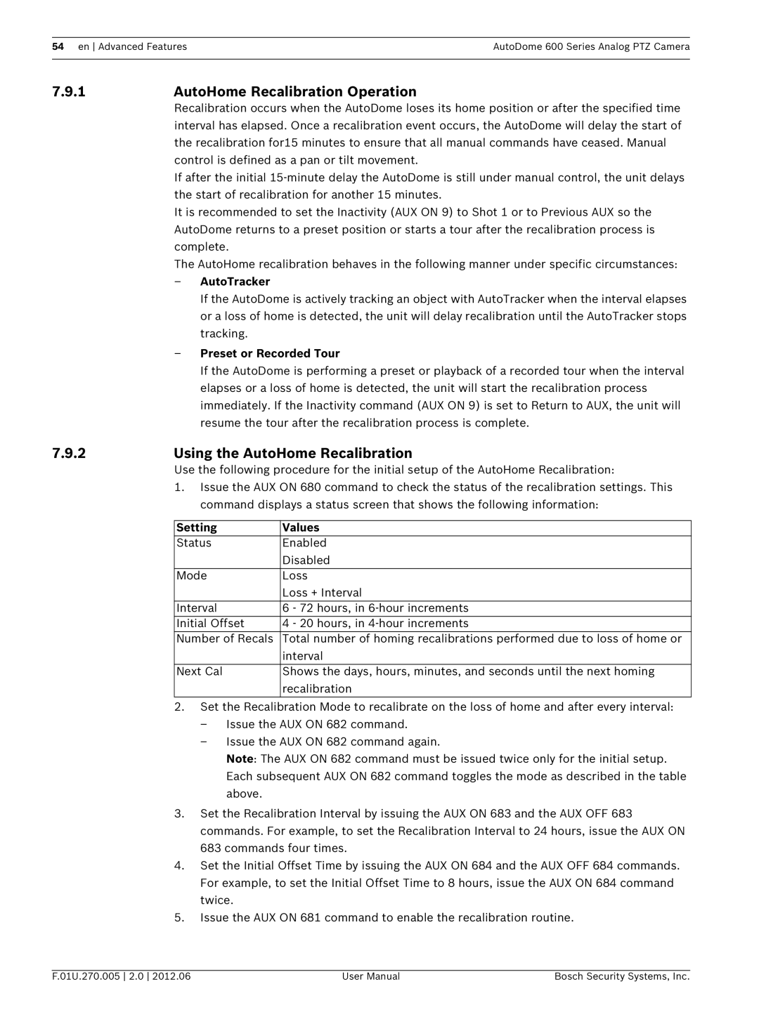 Bosch Appliances VG5 600 AutoHome Recalibration Operation, Using the AutoHome Recalibration, AutoTracker, Setting Values 