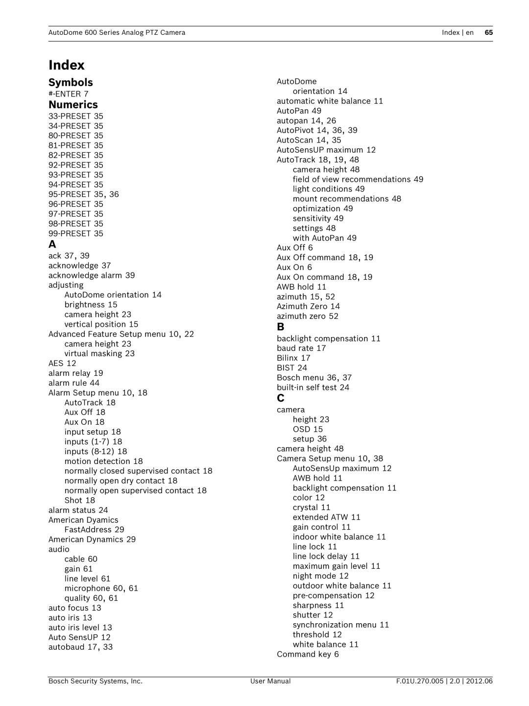 Bosch Appliances VG5 600 user manual Index, Numerics 