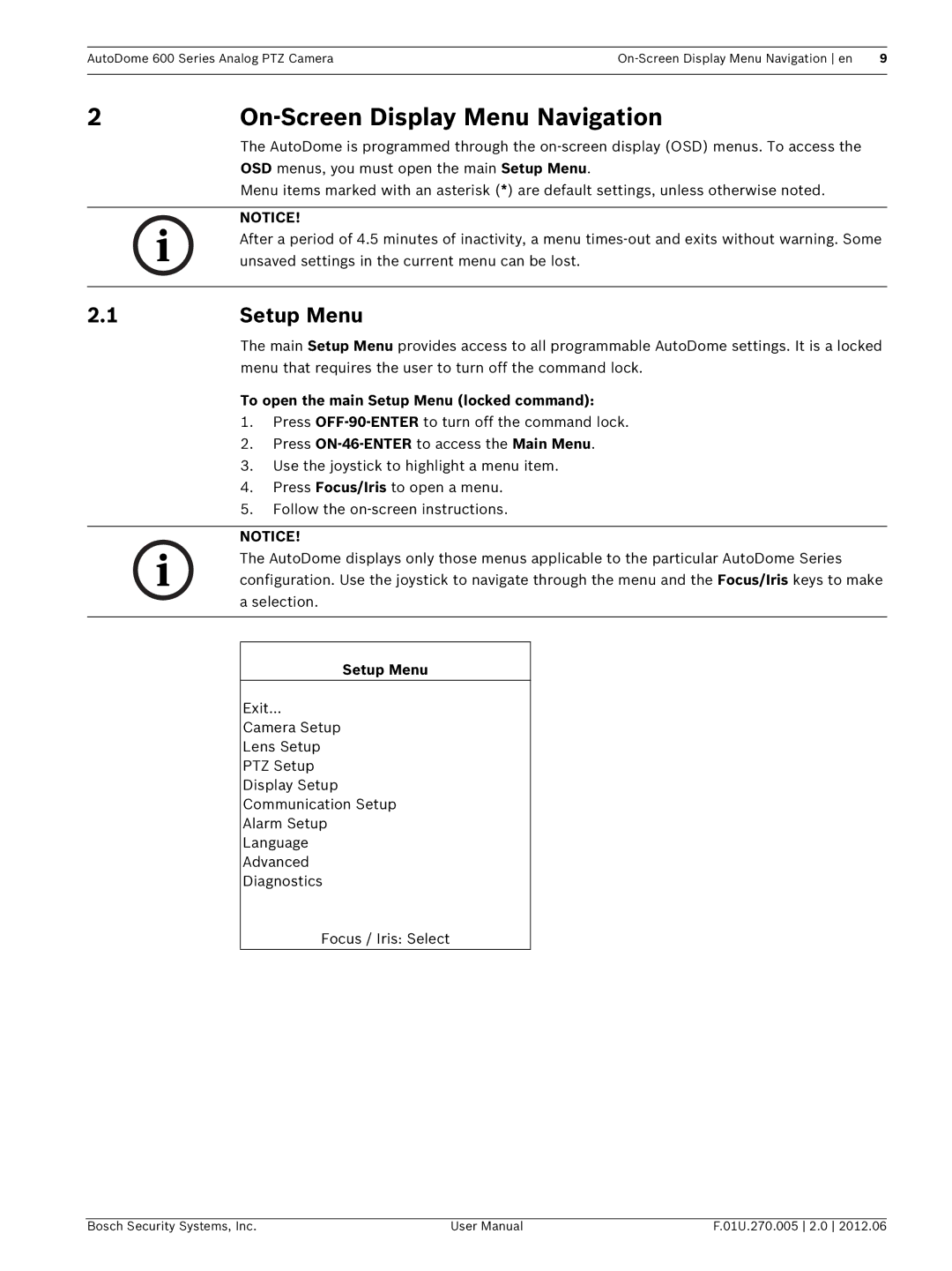 Bosch Appliances VG5 600 user manual On-Screen Display Menu Navigation, To open the main Setup Menu locked command 