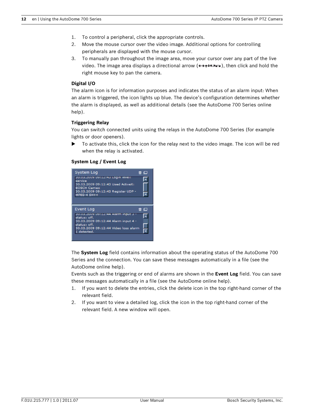 Bosch Appliances VG5 700 series user manual Digital I/O, Triggering Relay, System Log / Event Log 