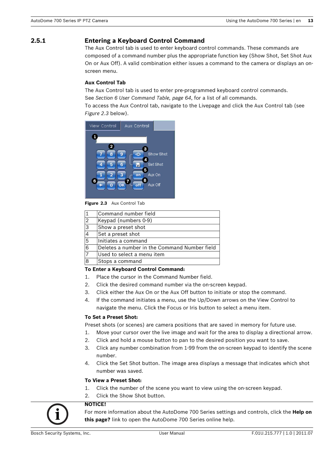 Bosch Appliances VG5 700 series user manual Aux Control Tab, To Enter a Keyboard Control Command, To Set a Preset Shot 