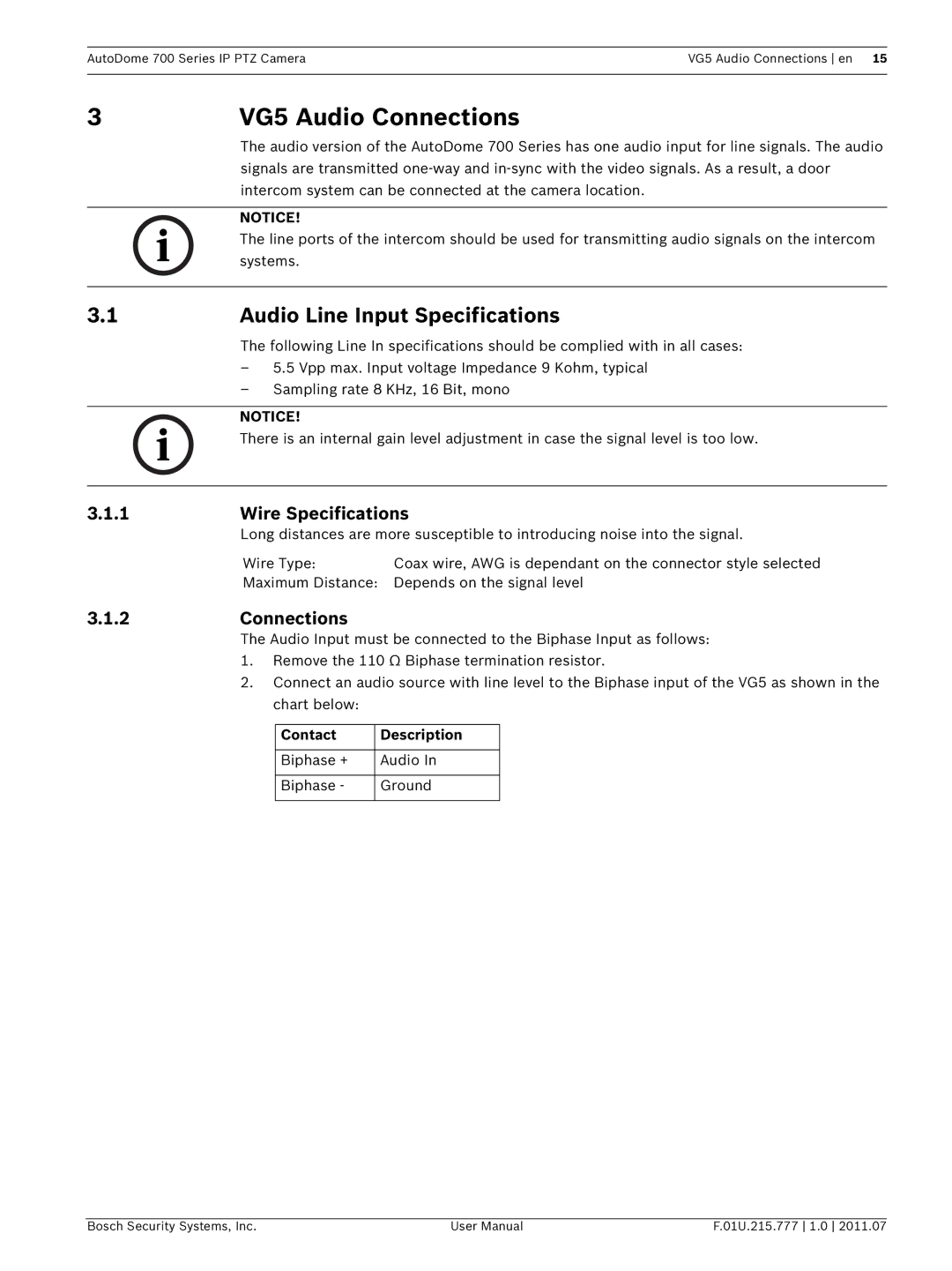 Bosch Appliances VG5 700 series user manual VG5 Audio Connections, Audio Line Input Specifications, Contact Description 