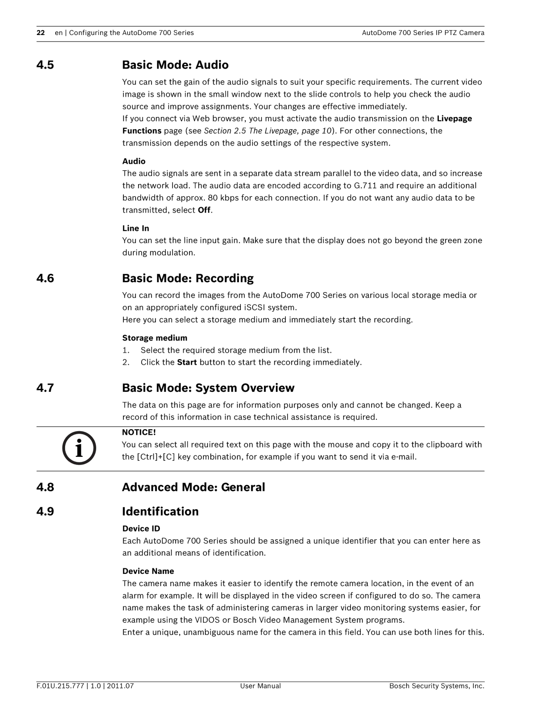 Bosch Appliances VG5 700 series Basic Mode Audio, Basic Mode Recording, Basic Mode System Overview, Advanced Mode General 