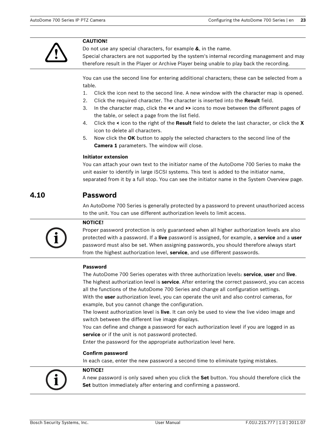 Bosch Appliances VG5 700 series user manual Password, Initiator extension 