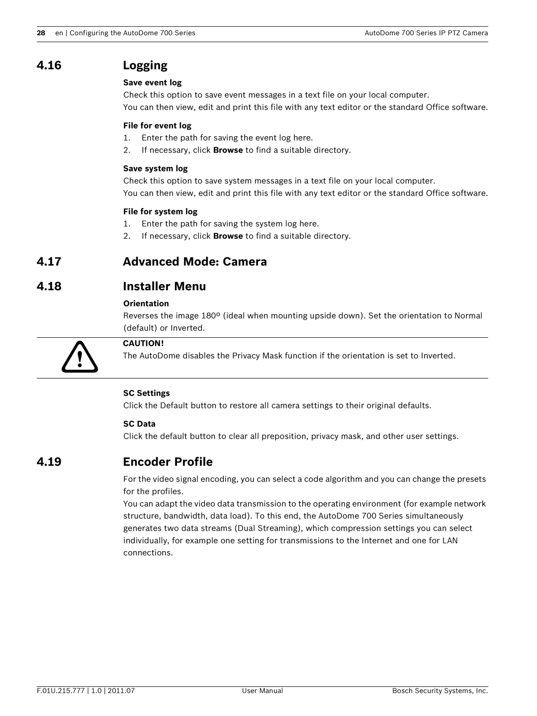 Bosch Appliances VG5 700 series user manual Logging, Advanced Mode Camera Installer Menu, Encoder Profile 