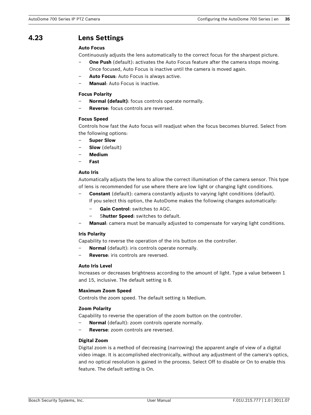 Bosch Appliances VG5 700 series user manual Lens Settings 