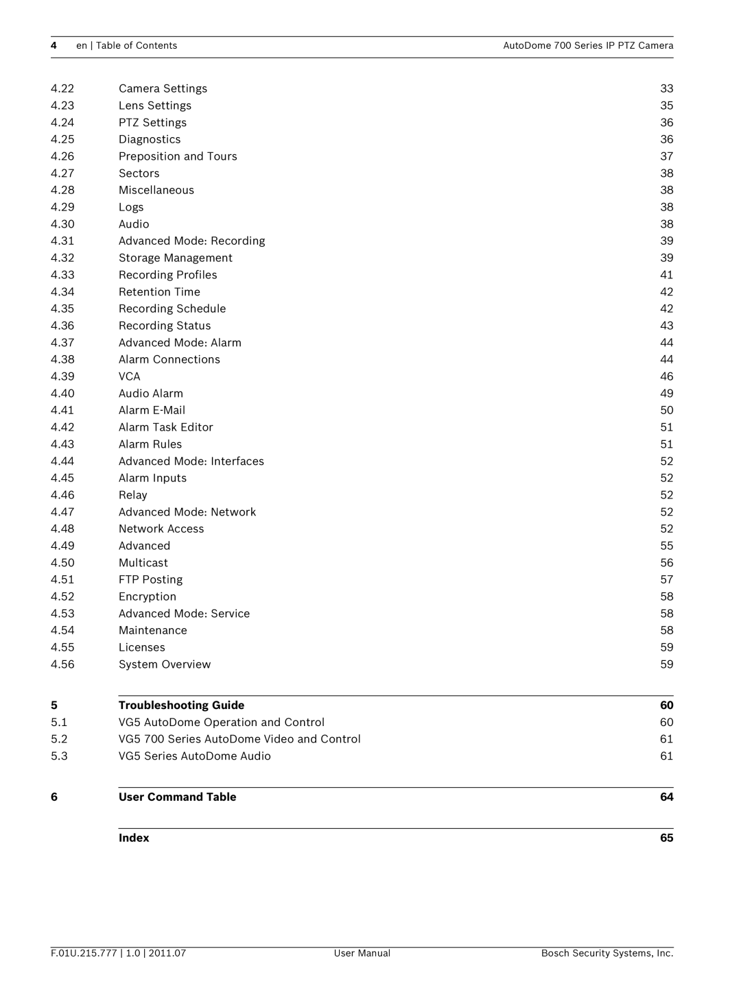 Bosch Appliances VG5 700 series user manual Troubleshooting Guide, User Command Table Index 