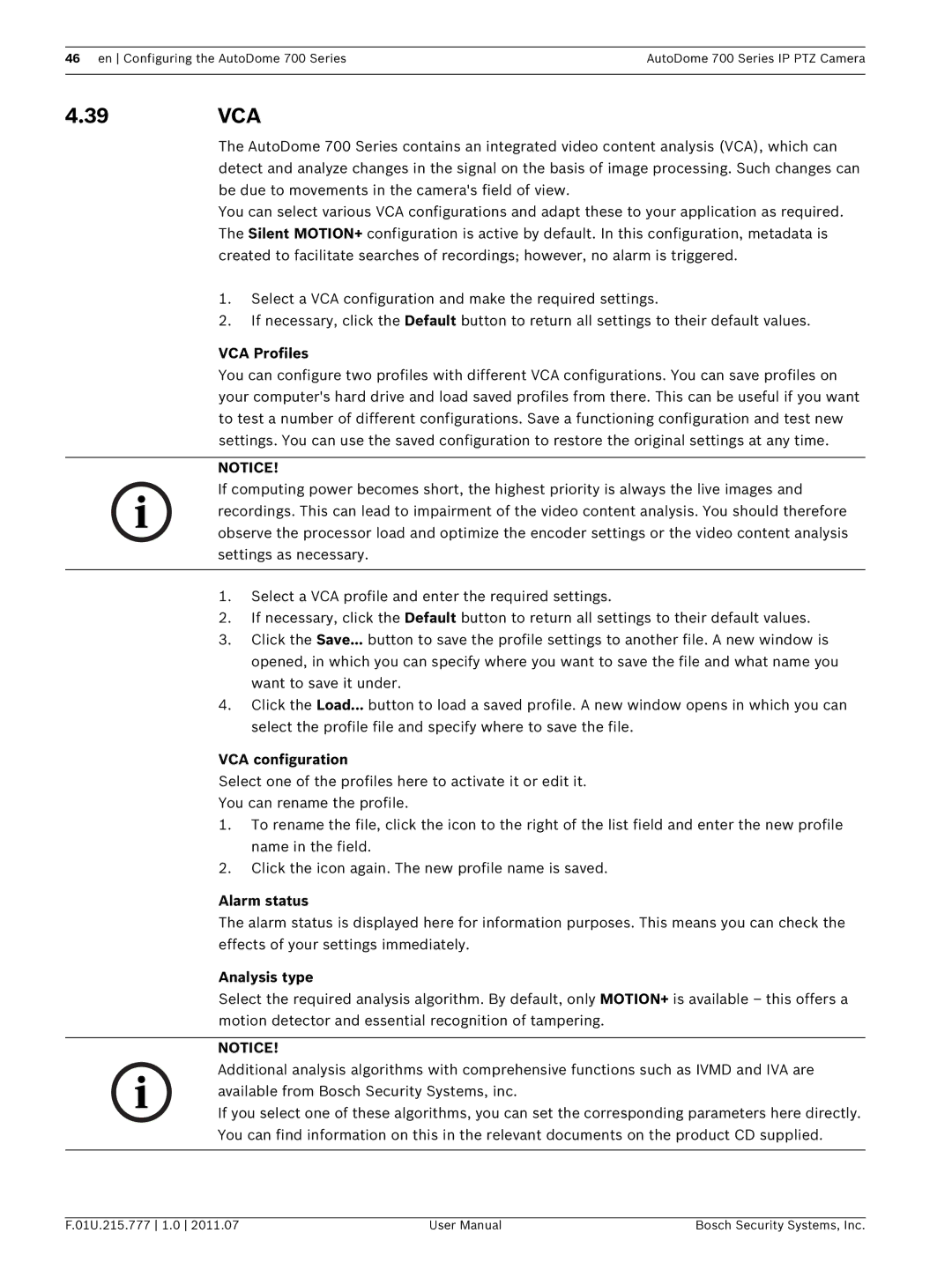 Bosch Appliances VG5 700 series user manual 39 VCA, VCA Profiles, VCA configuration, Alarm status, Analysis type 