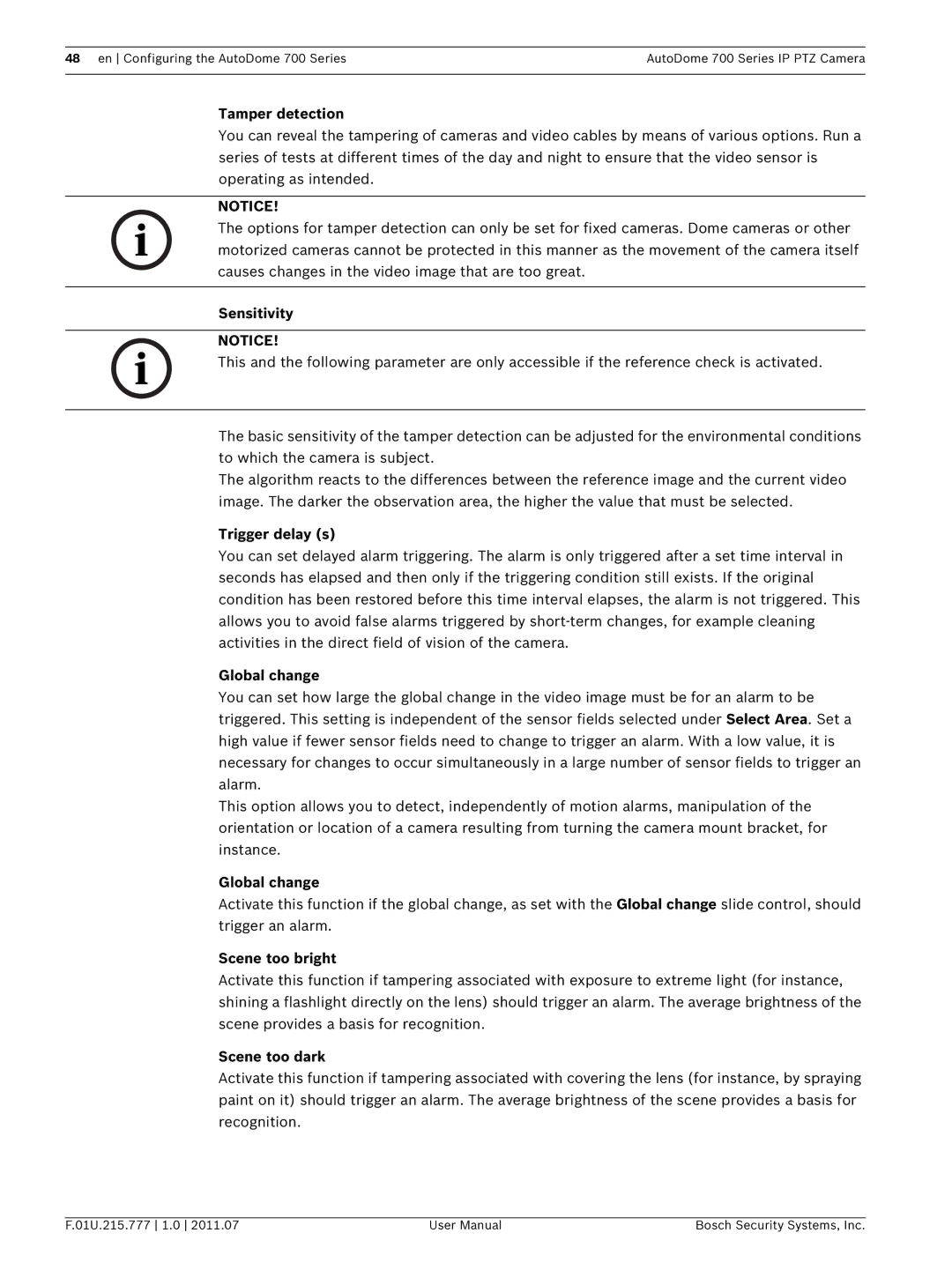 Bosch Appliances VG5 700 series user manual Tamper detection, Sensitivity, Trigger delay s, Global change, Scene too bright 