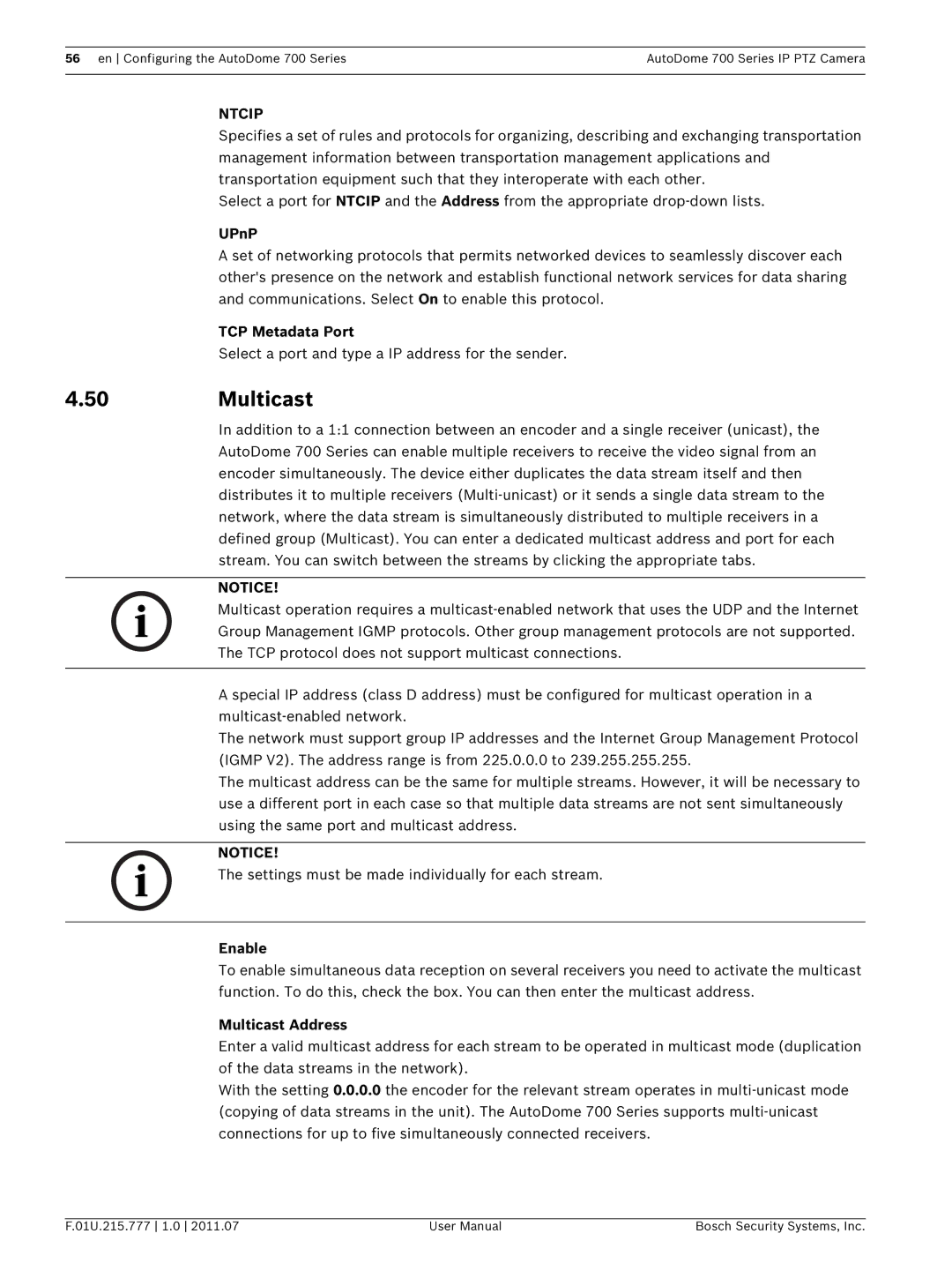 Bosch Appliances VG5 700 series user manual UPnP, TCP Metadata Port, Enable, Multicast Address 