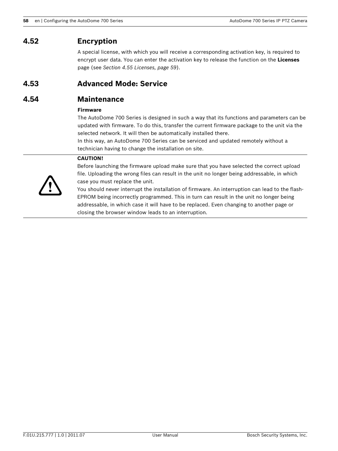 Bosch Appliances VG5 700 series user manual Encryption, Advanced Mode Service Maintenance, Firmware 