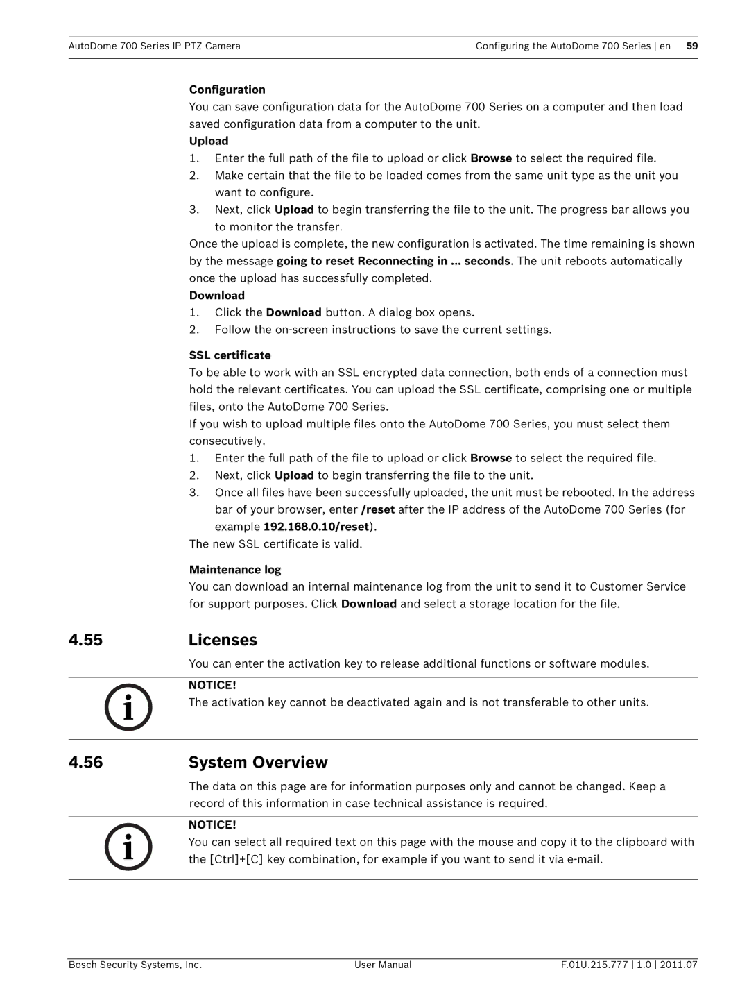 Bosch Appliances VG5 700 series user manual Licenses, System Overview, Upload, Download, SSL certificate 