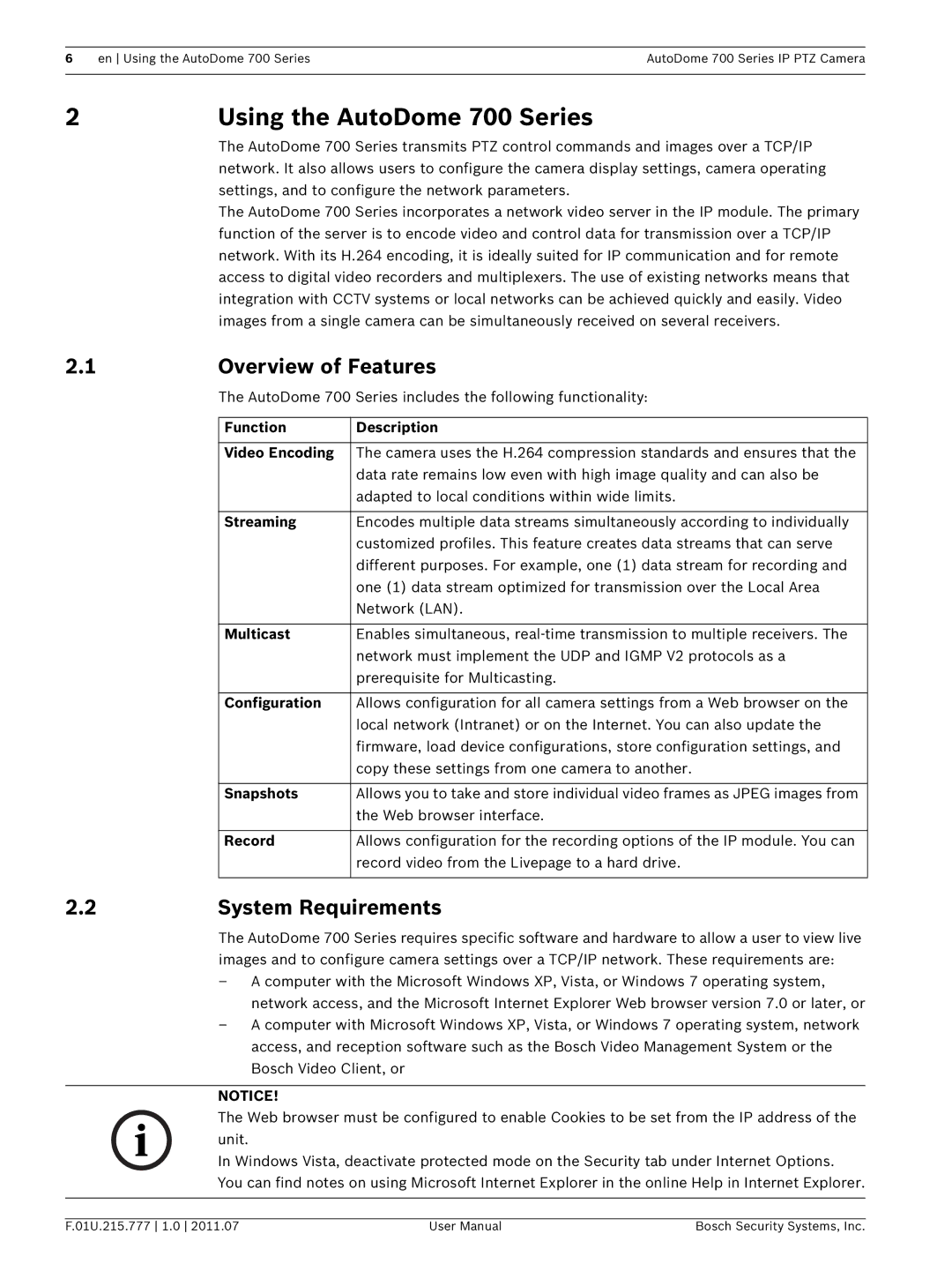 Bosch Appliances VG5 700 series user manual Using the AutoDome 700 Series, Overview of Features, System Requirements 