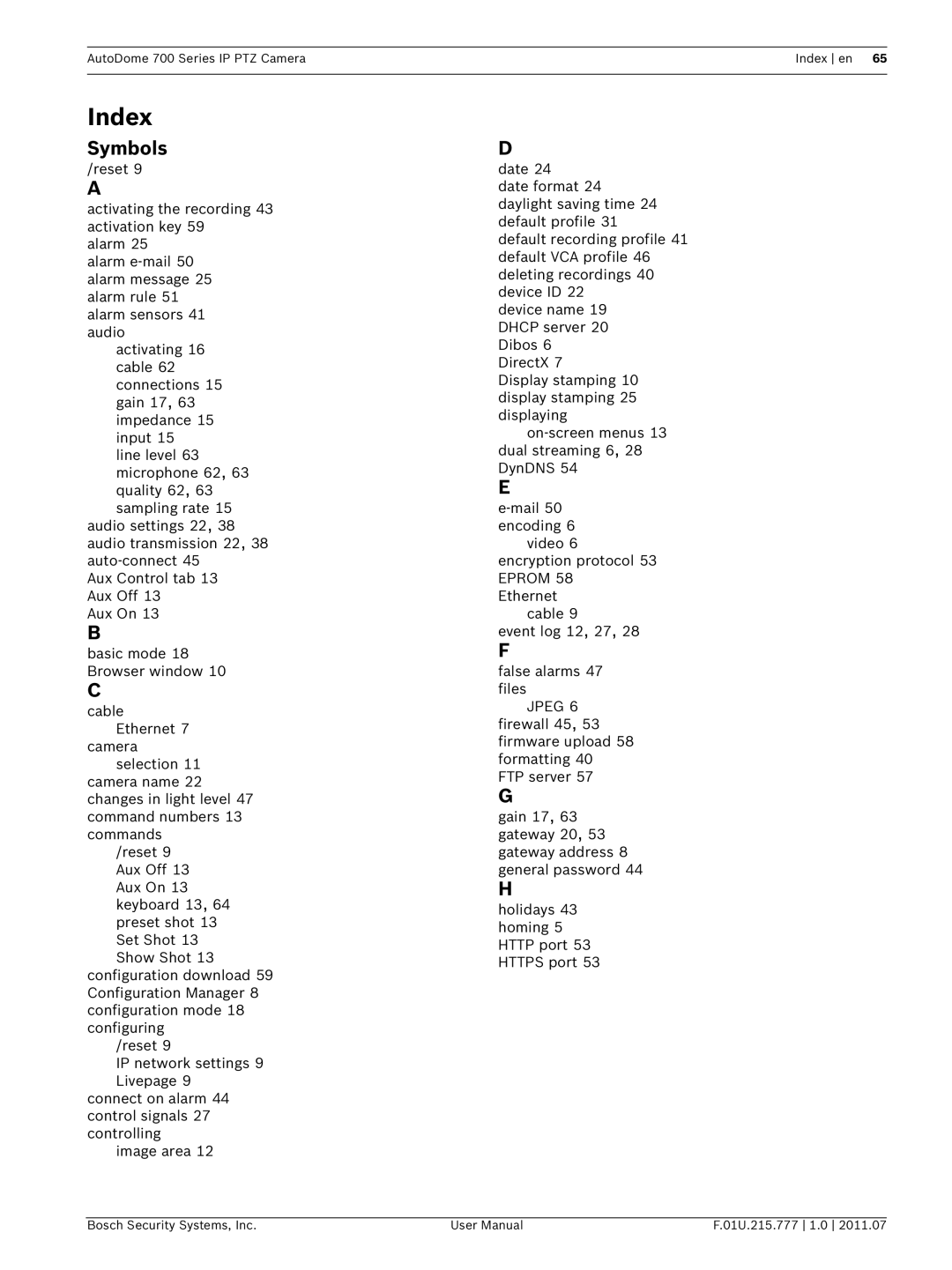 Bosch Appliances VG5 700 series user manual Index, Symbols 