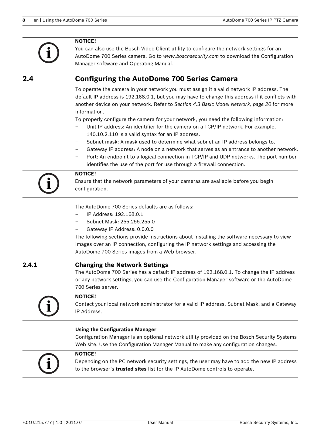 Bosch Appliances VG5 700 series user manual Configuring the AutoDome 700 Series Camera, Using the Configuration Manager 