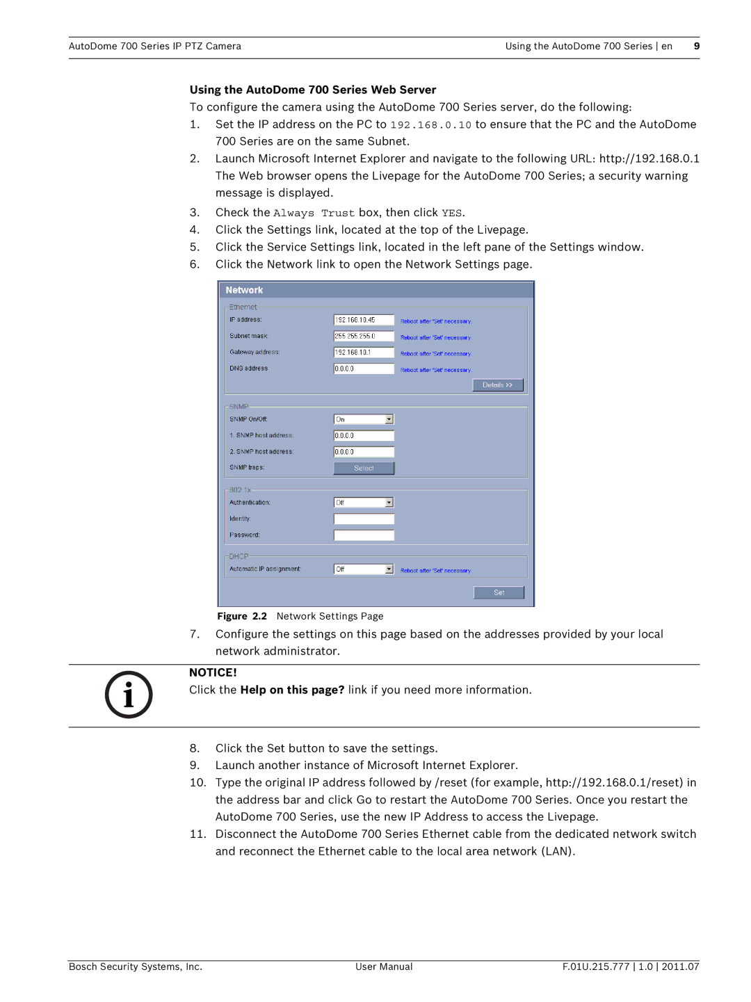 Bosch Appliances VG5 700 series user manual Using the AutoDome 700 Series Web Server, Network Settings 