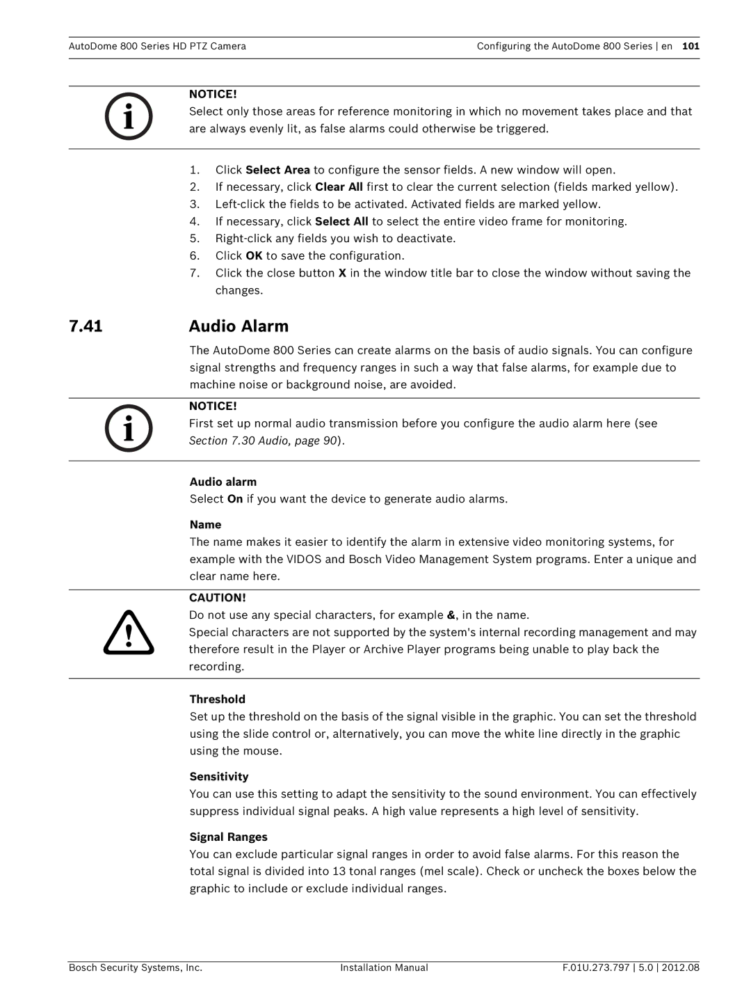 Bosch Appliances VG5 800 SERIES installation manual Audio Alarm, Audio alarm, Name, Threshold, Signal Ranges 