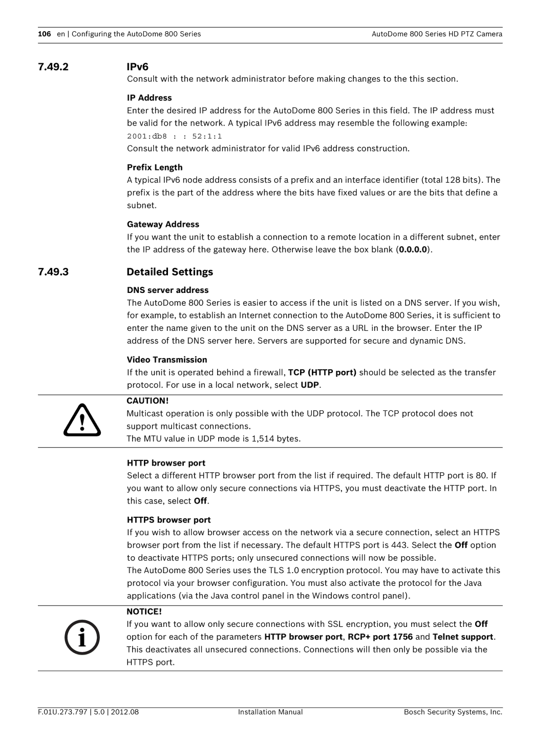 Bosch Appliances VG5 800 SERIES installation manual 49.2 IPv6, Detailed Settings 