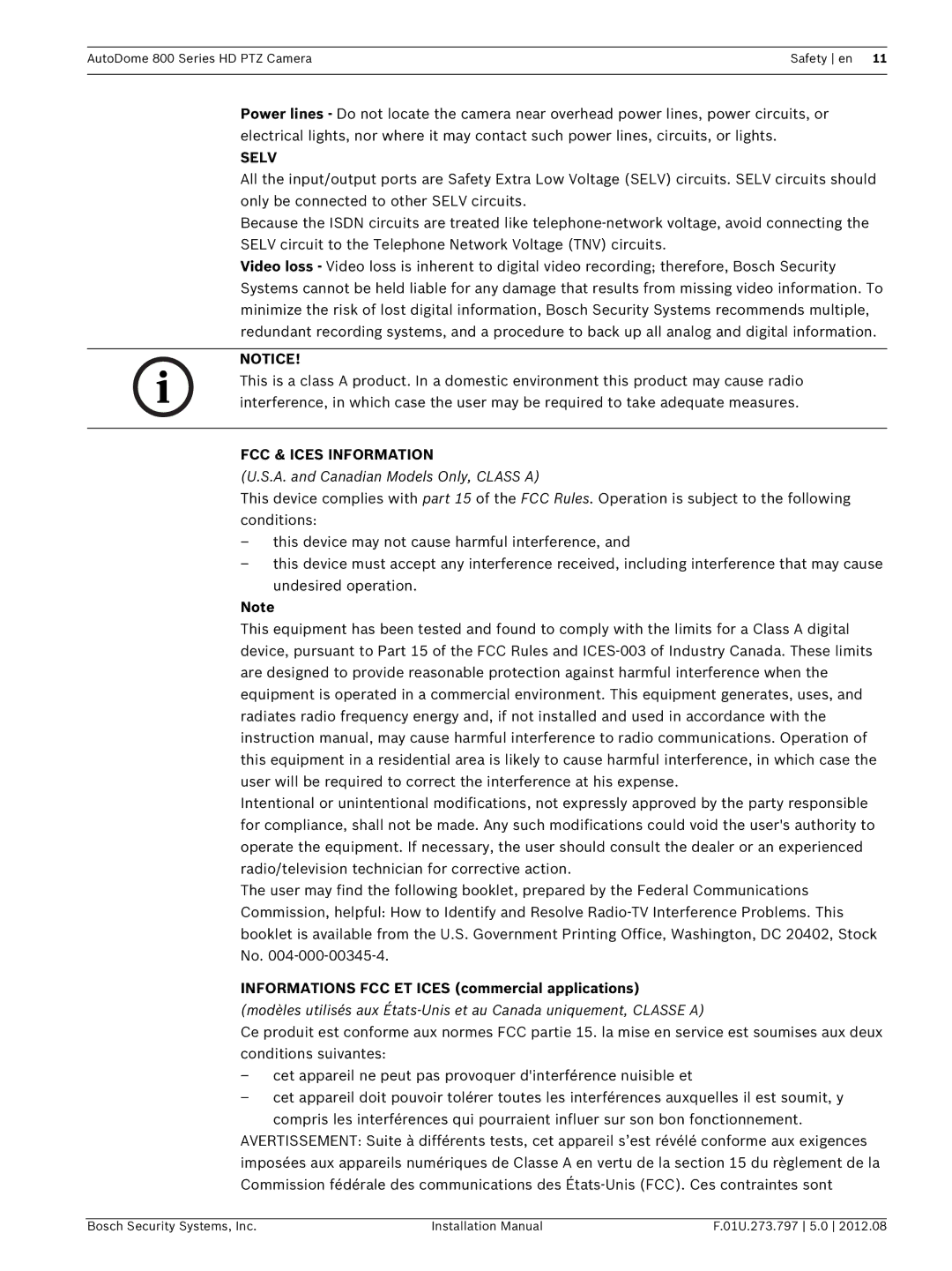 Bosch Appliances VG5 800 SERIES installation manual Selv, Informations FCC ET Ices commercial applications 