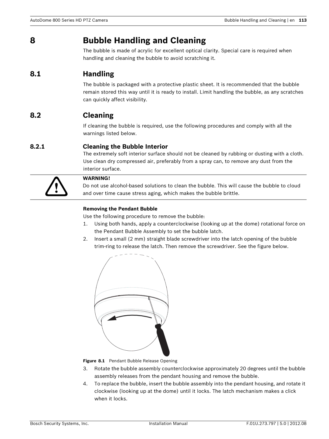 Bosch Appliances VG5 800 SERIES Bubble Handling and Cleaning, Cleaning the Bubble Interior, Removing the Pendant Bubble 