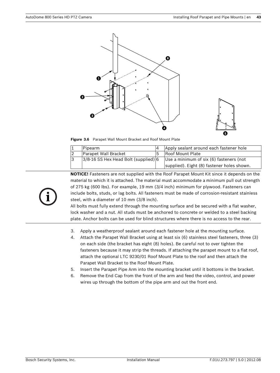 Bosch Appliances VG5 800 SERIES installation manual Parapet Wall Mount Bracket and Roof Mount Plate 