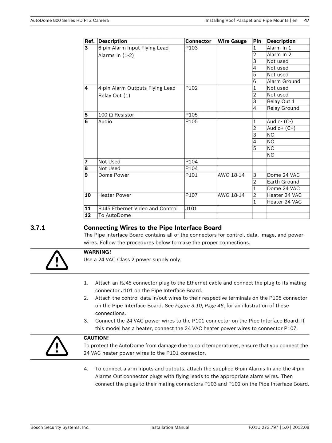 Bosch Appliances VG5 800 SERIES Connecting Wires to the Pipe Interface Board, Description Connector Wire Gauge Pin 